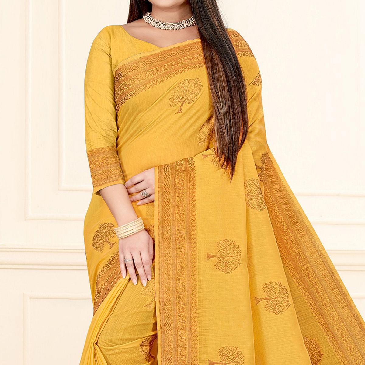 Yellow Woven Cotton Silk Saree - Peachmode
