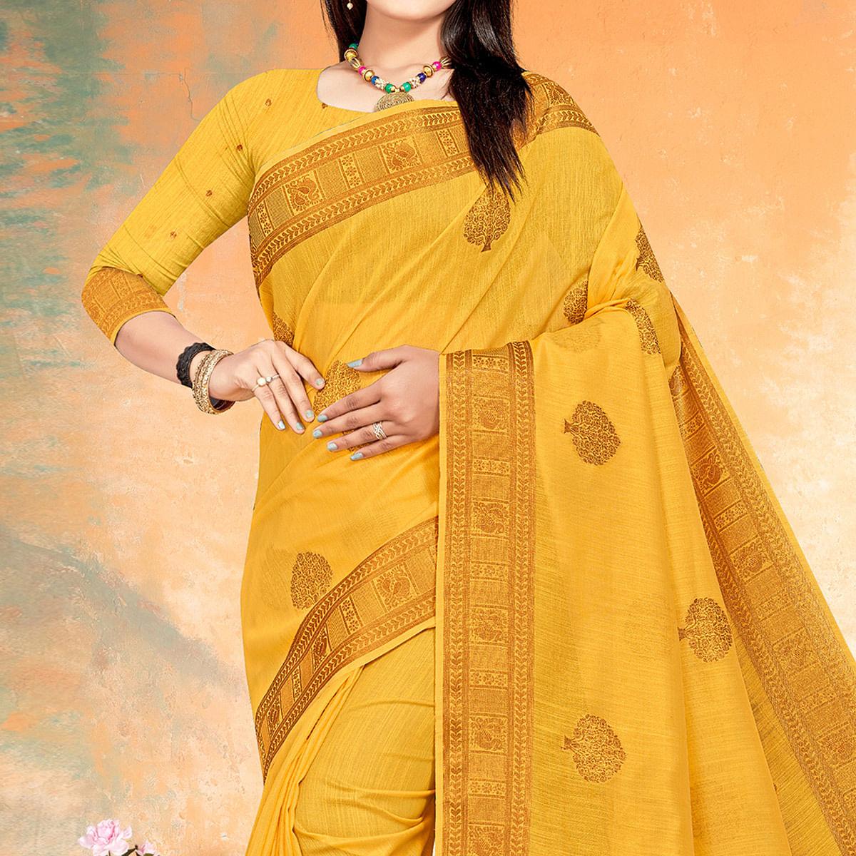Yellow Woven Cotton Silk Saree - Peachmode