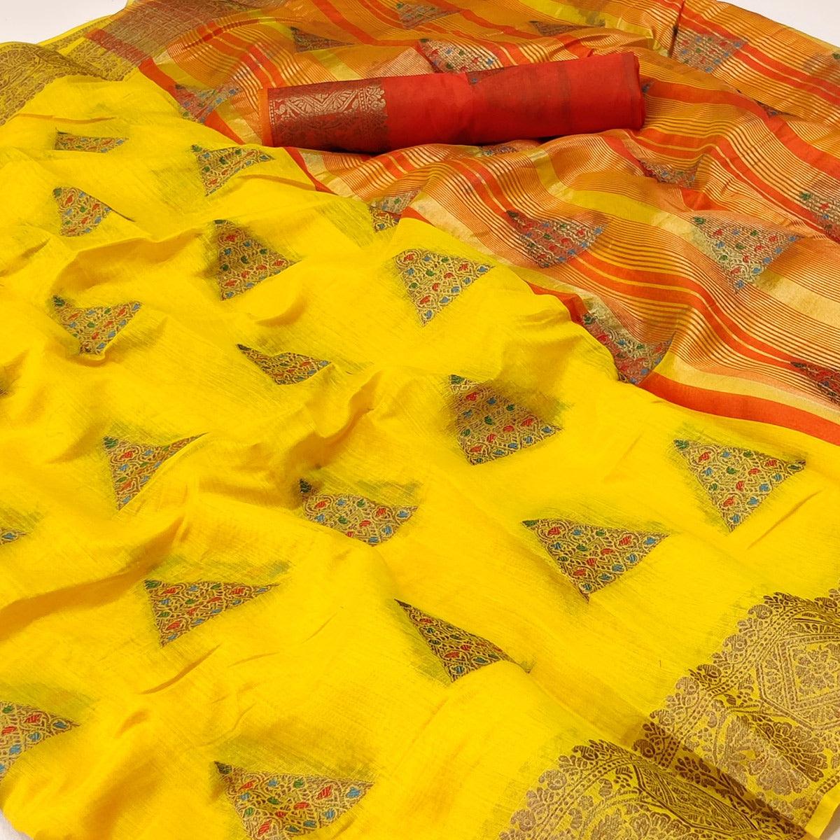 Yellow Woven Cotton Silk Saree - Peachmode