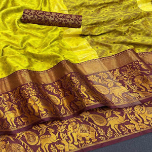 Yellow Woven Cotton Silk Saree - Peachmode