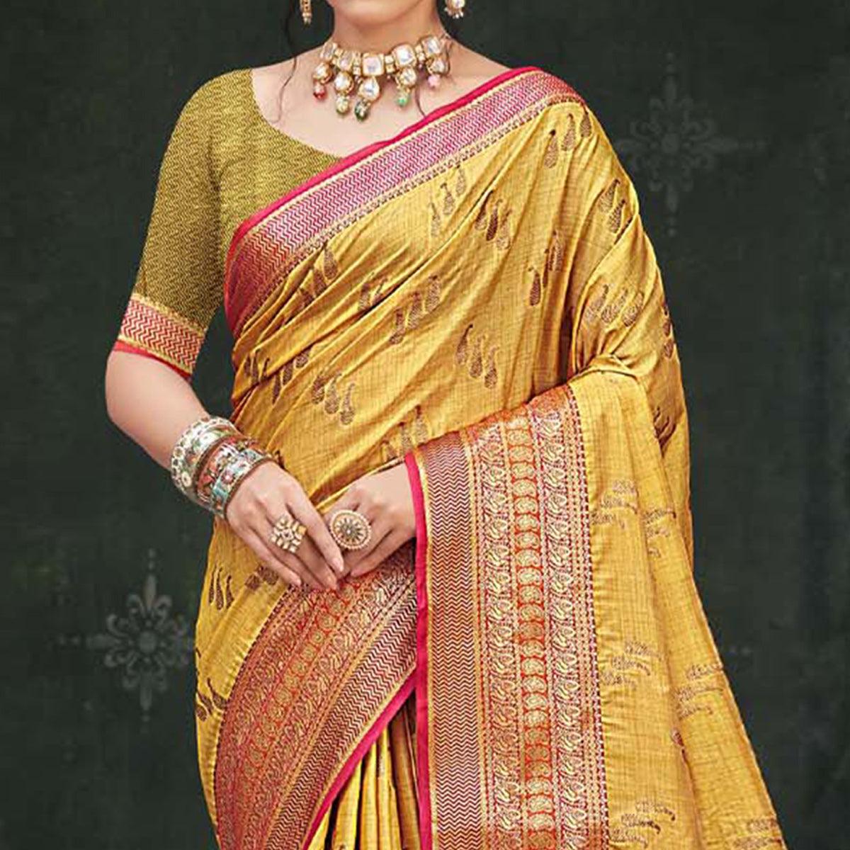 Yellow Woven Cotton Silk Saree - Peachmode