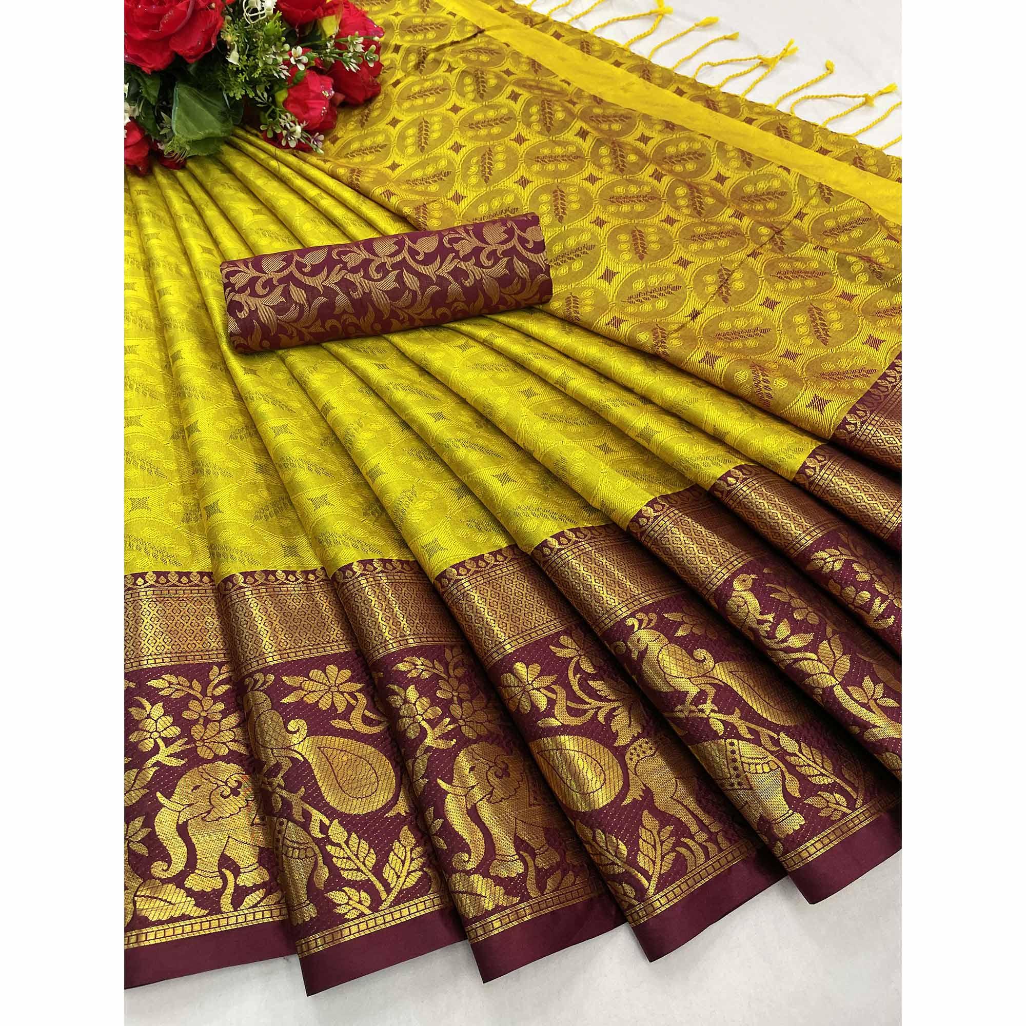 Yellow Woven Cotton Silk Saree - Peachmode