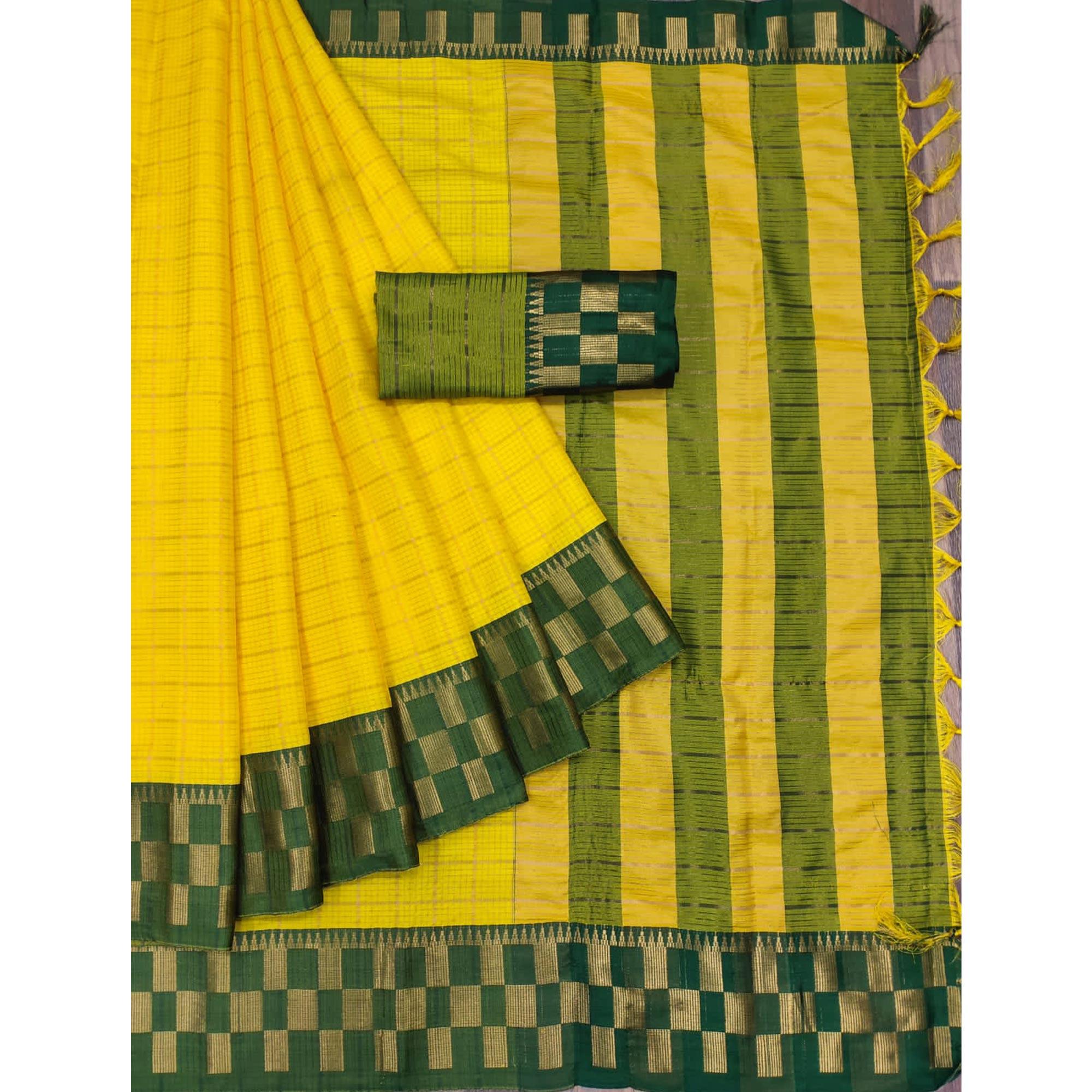 Yellow Woven Cotton Silk Saree - Peachmode