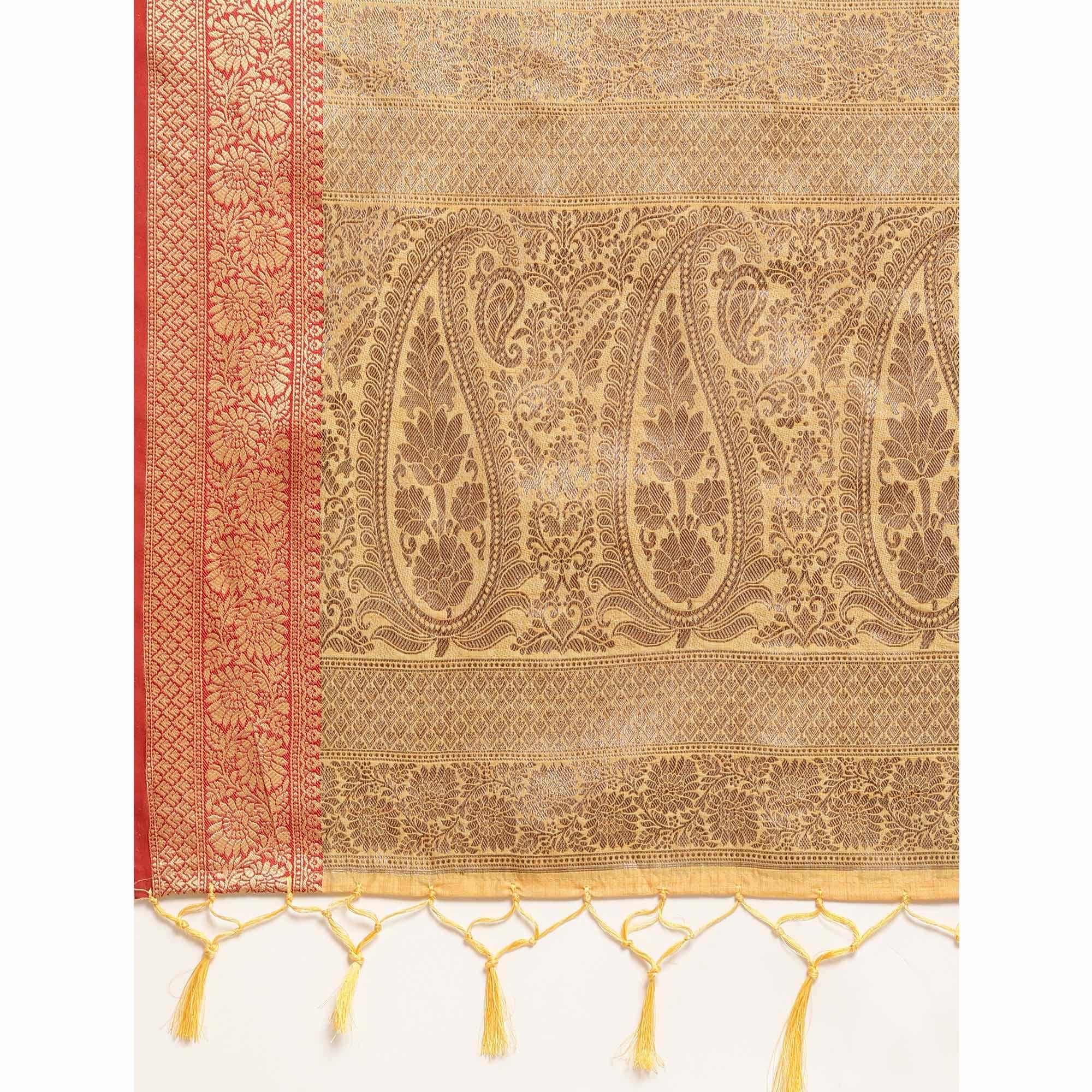 Yellow Woven Cotton Silk Saree With Tassels - Peachmode