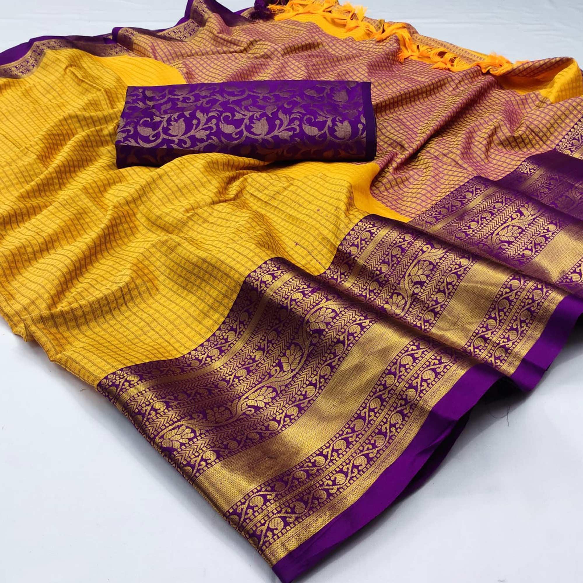 Yellow Woven Cotton Silk Saree With Tassels - Peachmode