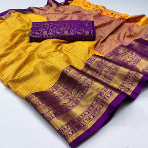 Yellow Woven Cotton Silk Saree With Tassels - Peachmode