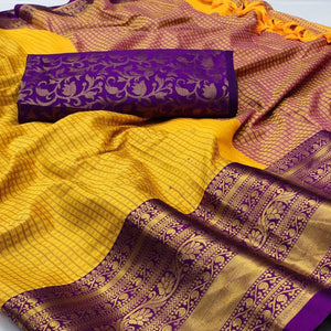 Yellow Woven Cotton Silk Saree With Tassels - Peachmode