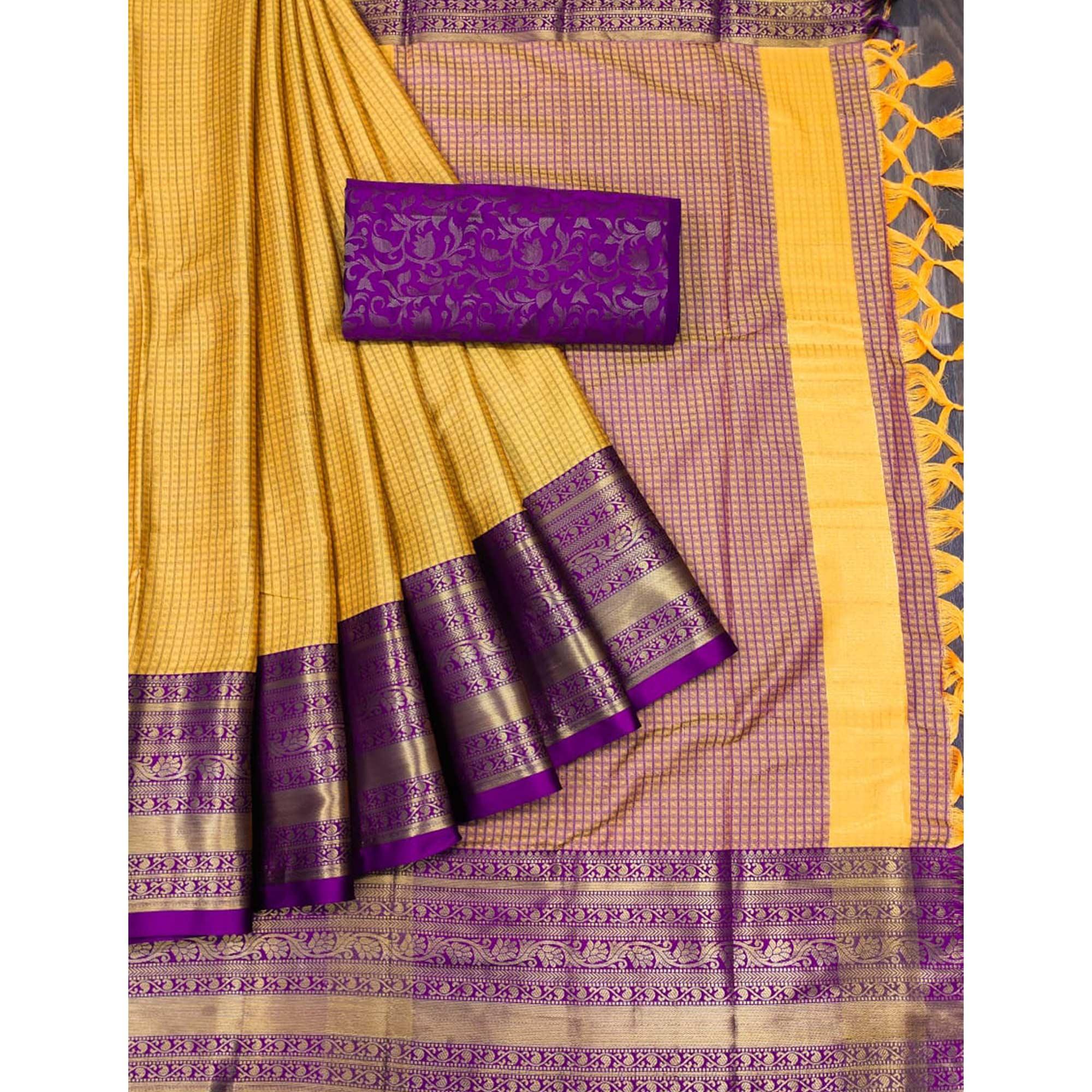 Yellow Woven Cotton Silk Saree With Tassels - Peachmode