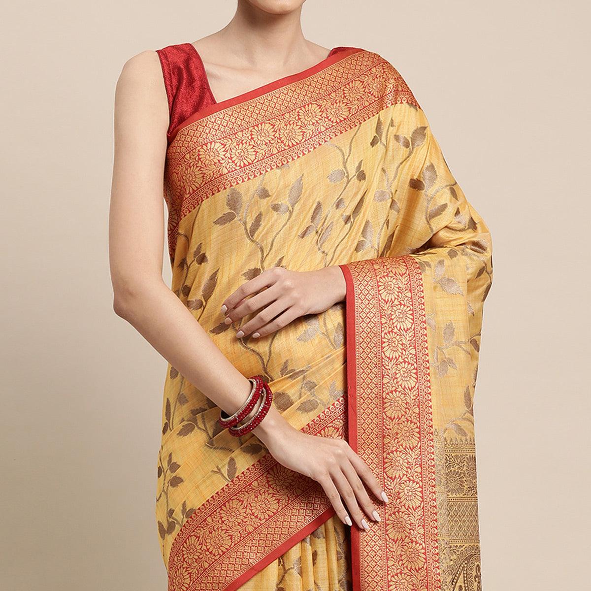Yellow Woven Cotton Silk Saree With Tassels - Peachmode