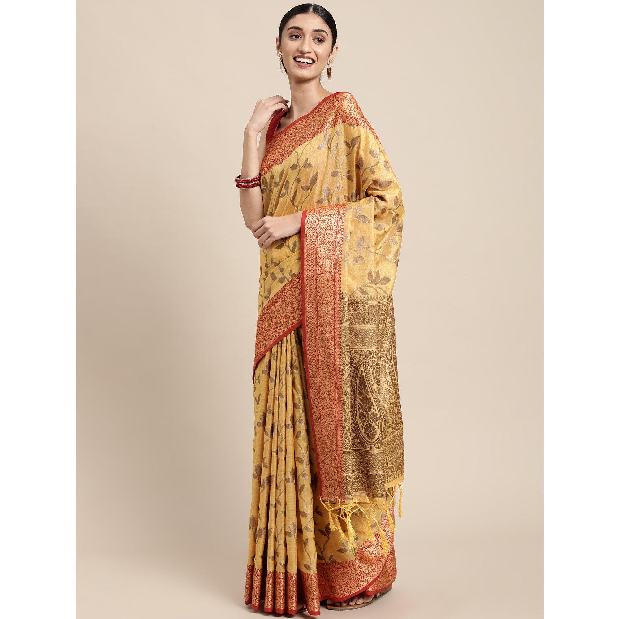 Yellow Woven Cotton Silk Saree With Tassels - Peachmode