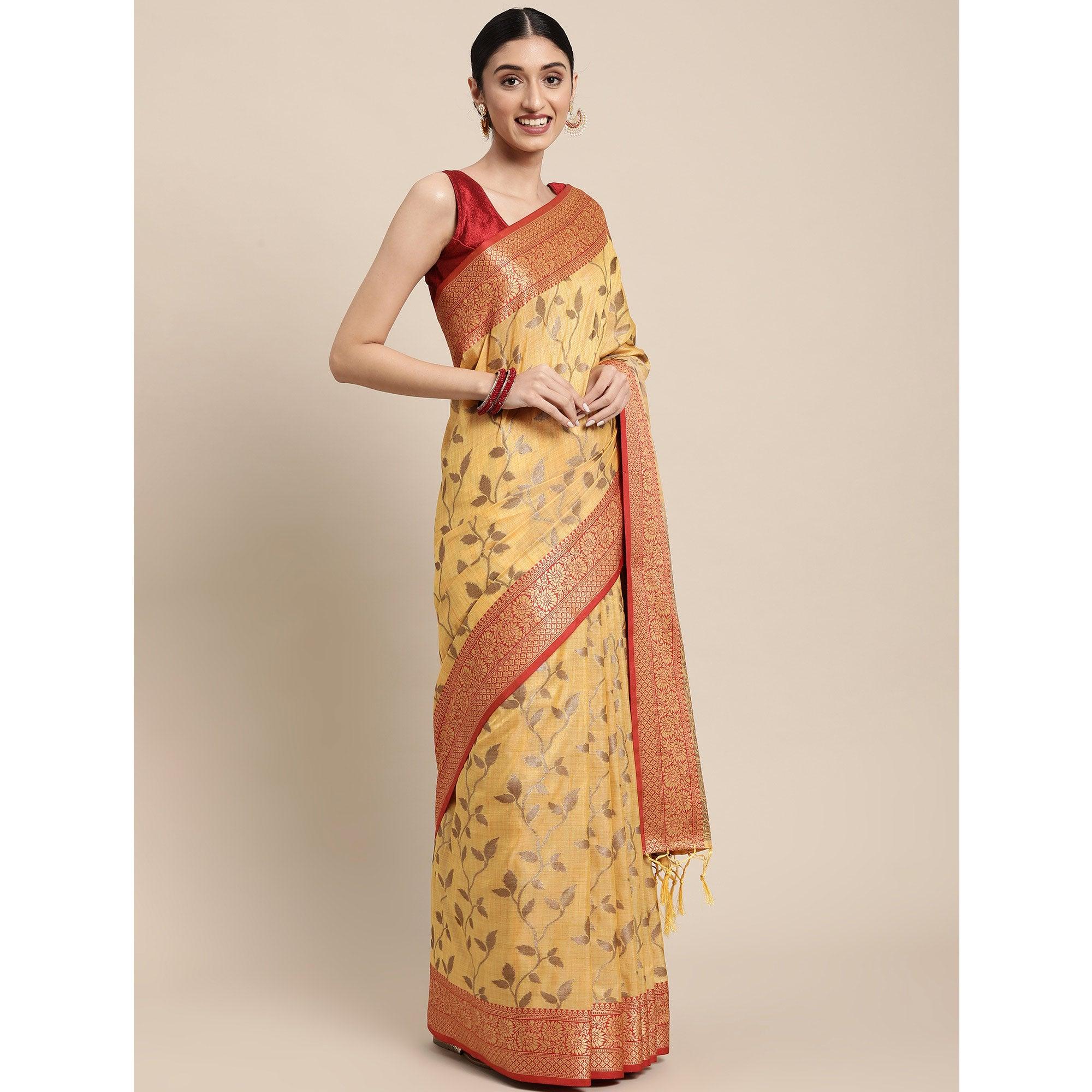 Yellow Woven Cotton Silk Saree With Tassels - Peachmode
