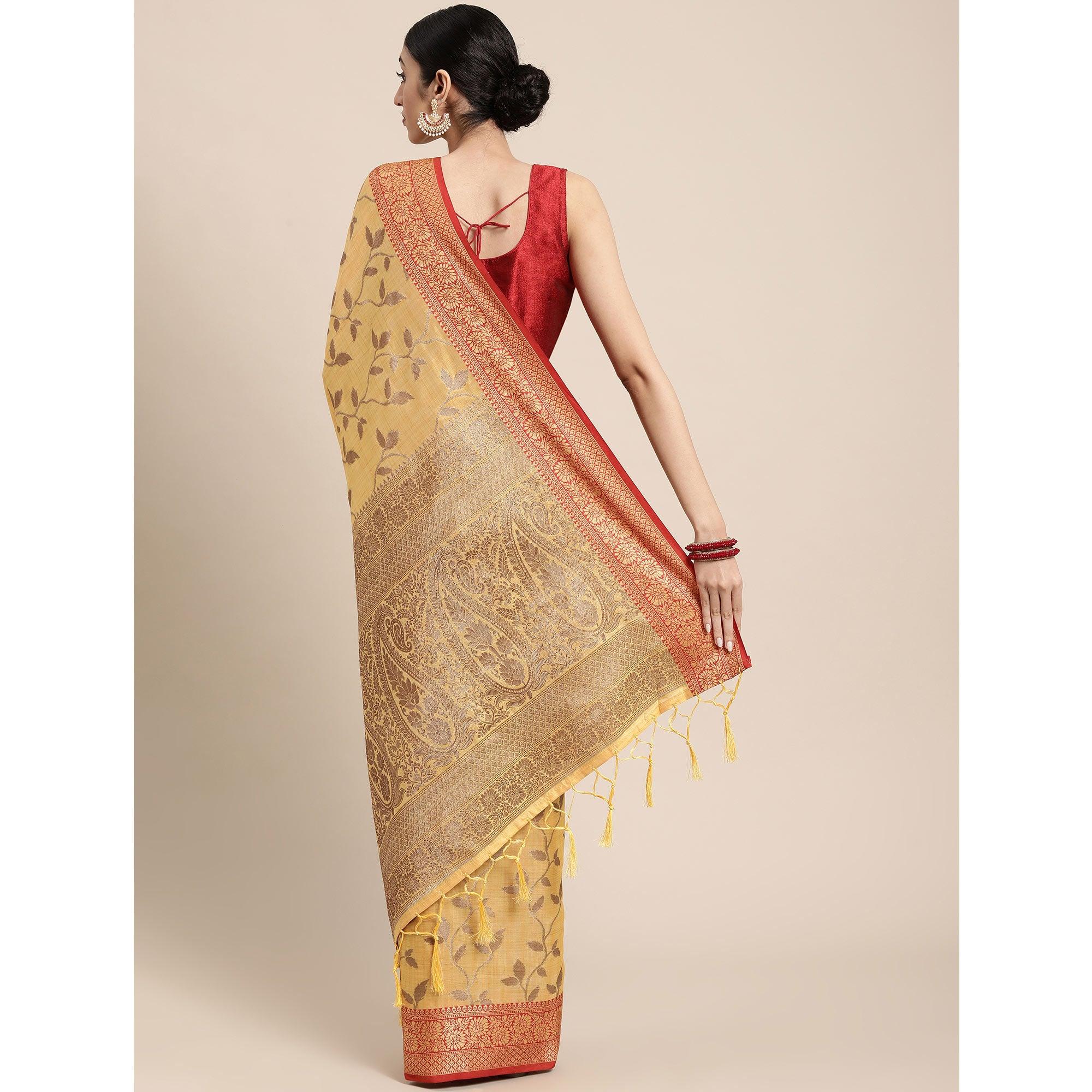 Yellow Woven Cotton Silk Saree With Tassels - Peachmode