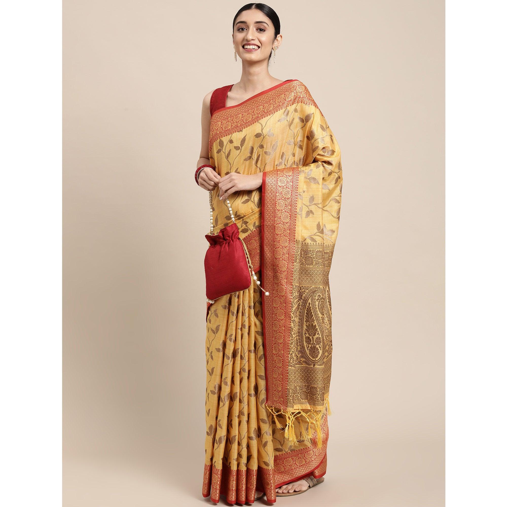 Yellow Woven Cotton Silk Saree With Tassels - Peachmode