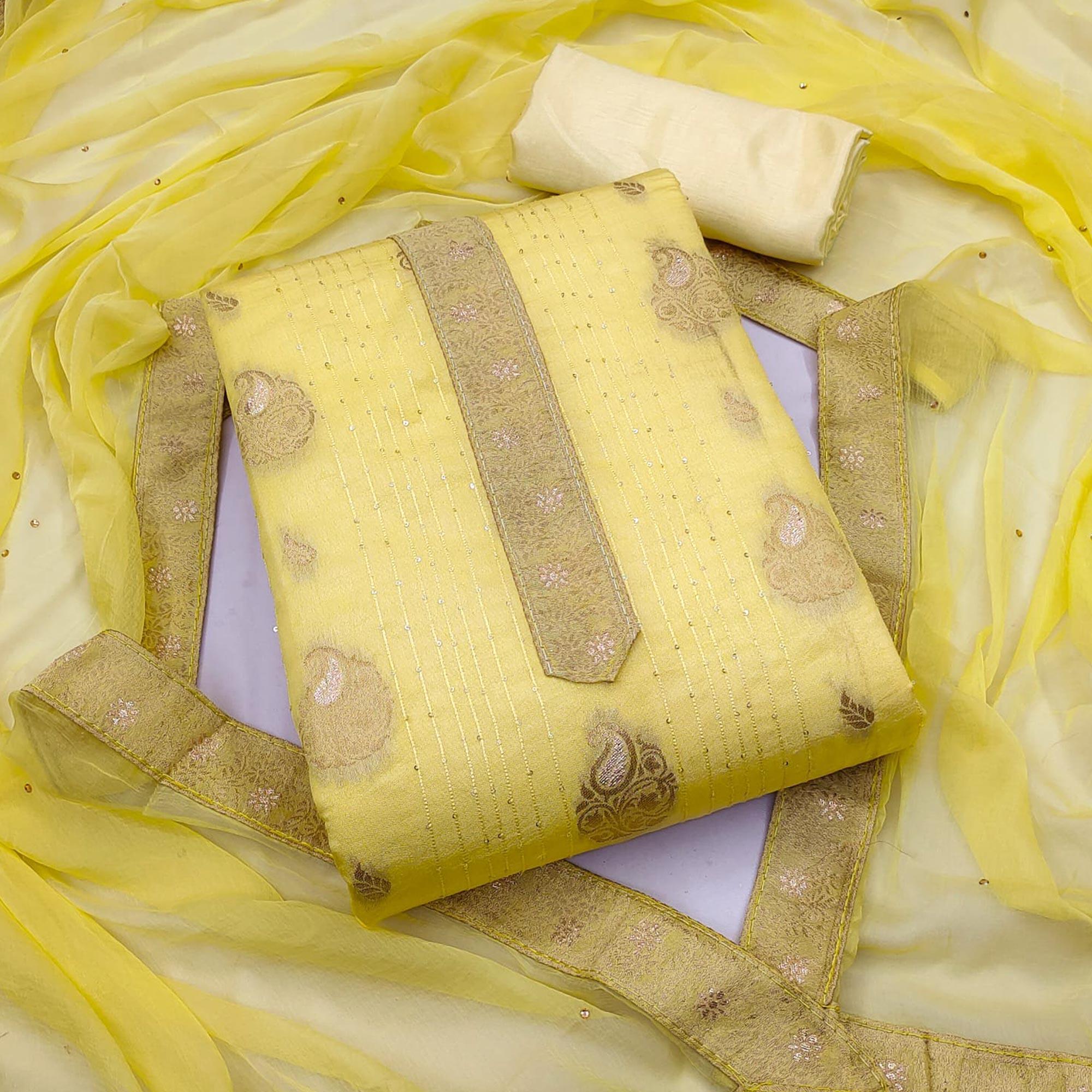 Yellow Woven Dola Silk Dress Material - Peachmode