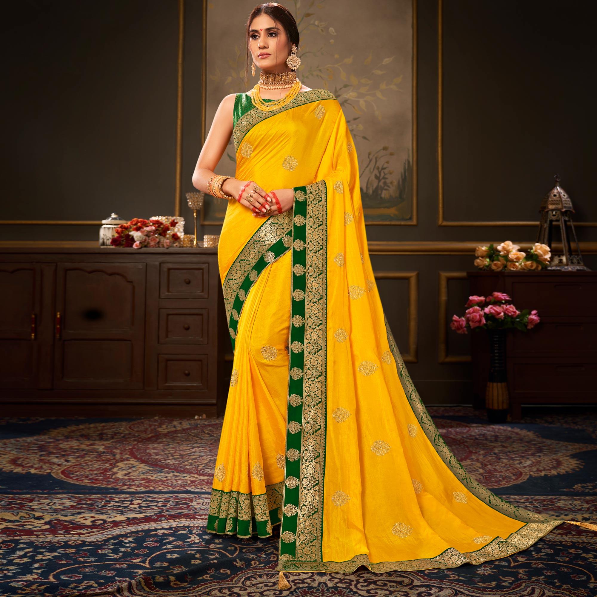 Yellow Woven-Embroidered Art Silk Saree - Peachmode