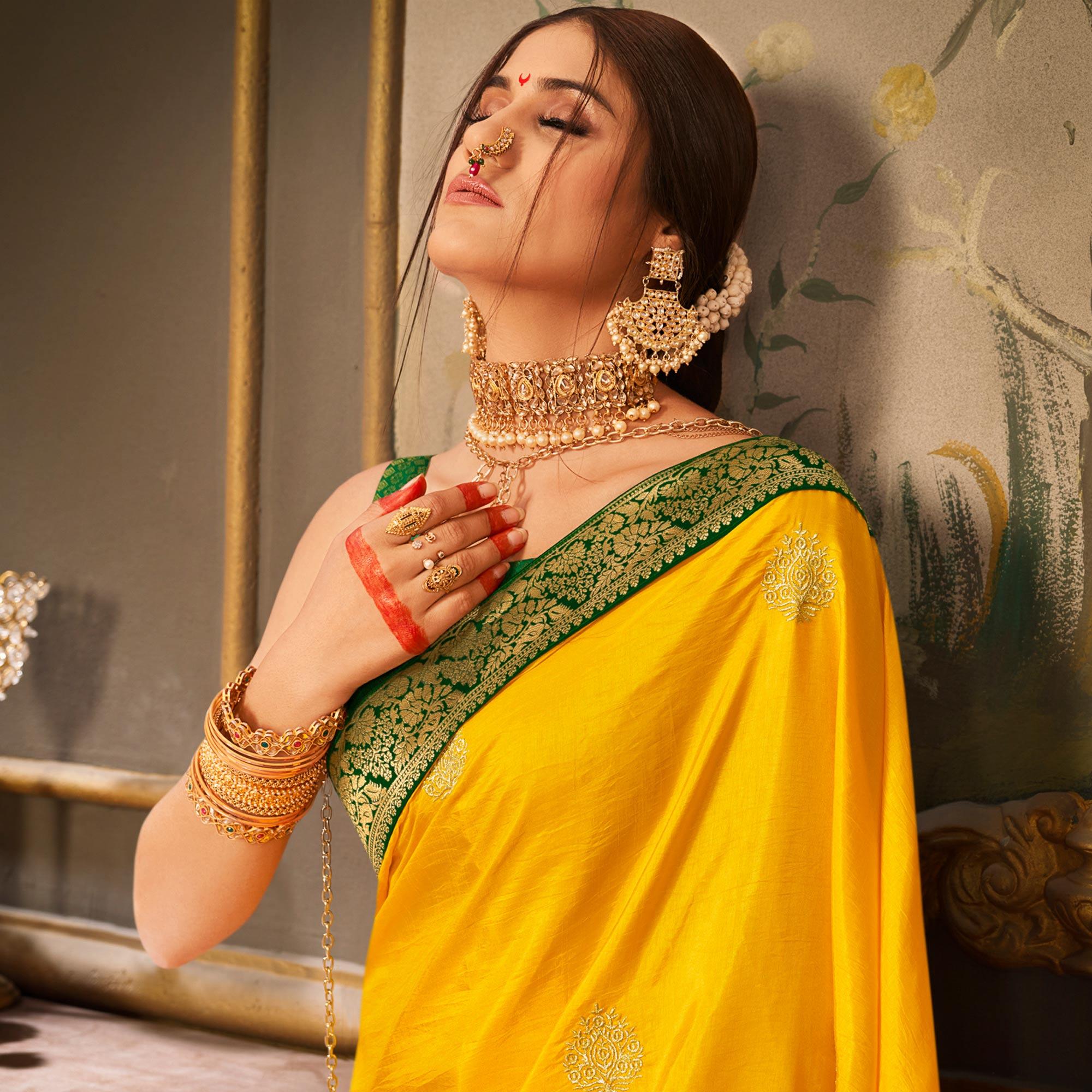 Yellow Woven-Embroidered Art Silk Saree - Peachmode