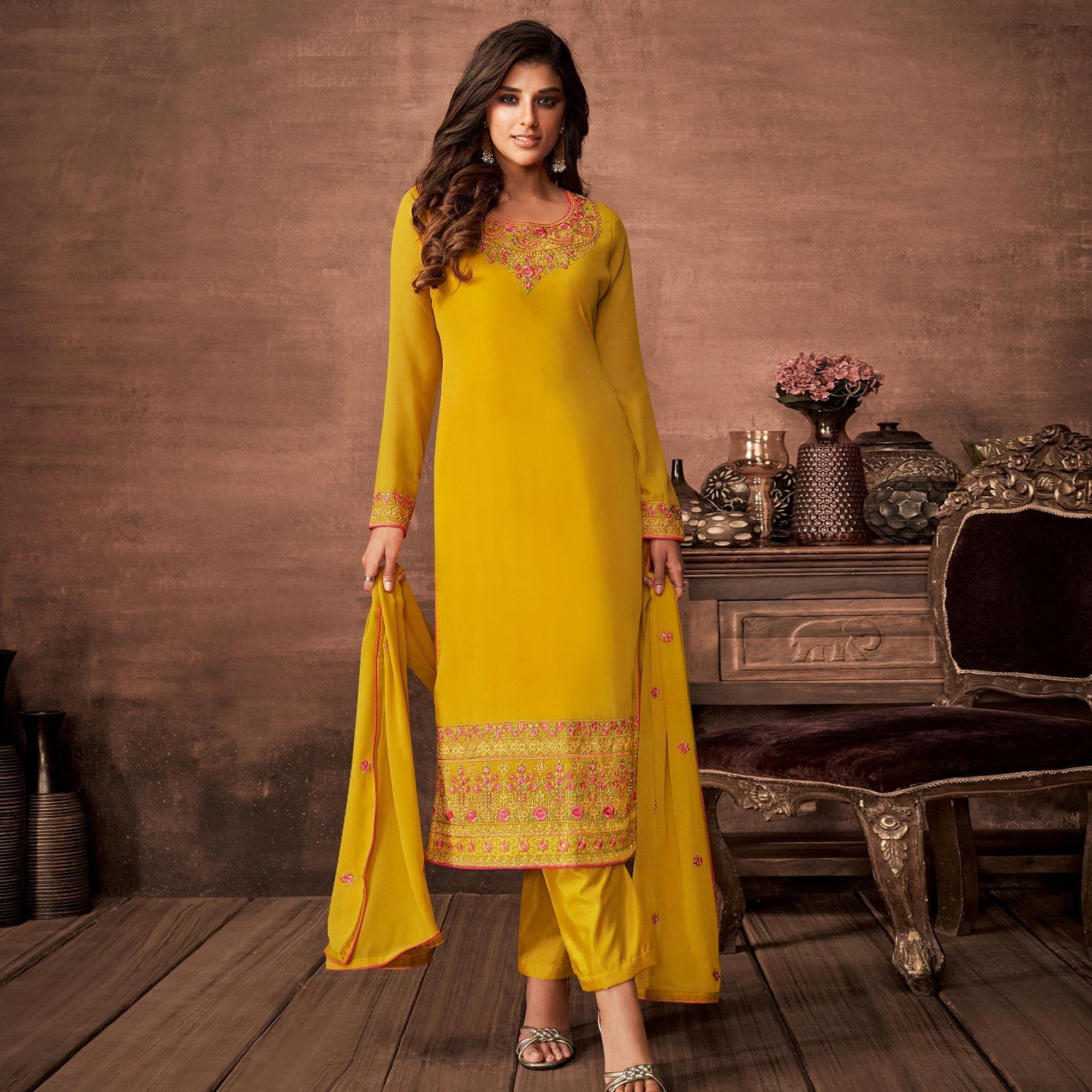 Yellow Woven Georgette Straight Partywear Suit - Peachmode