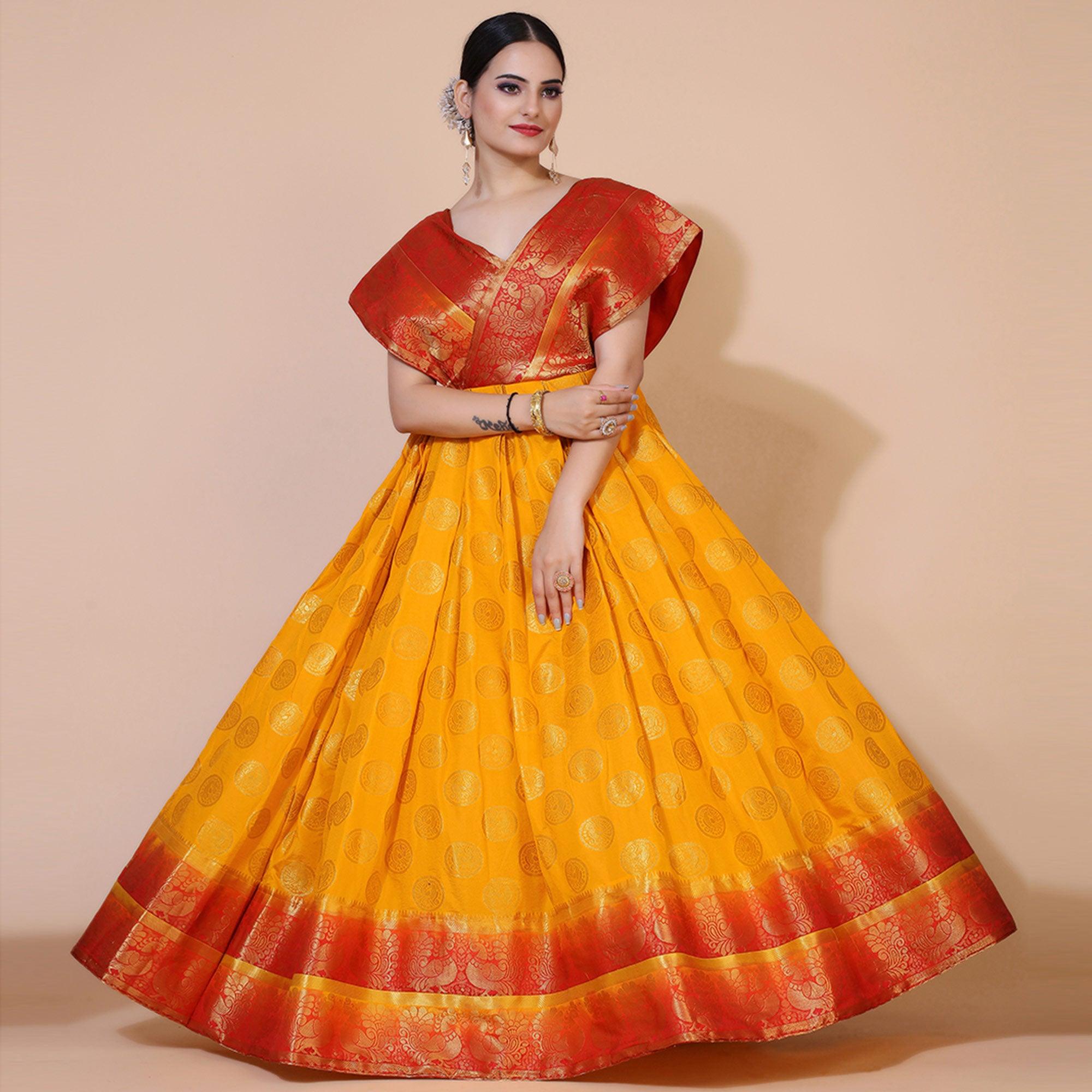 Yellow Woven Jacquard Anarkali Style Gown - Peachmode