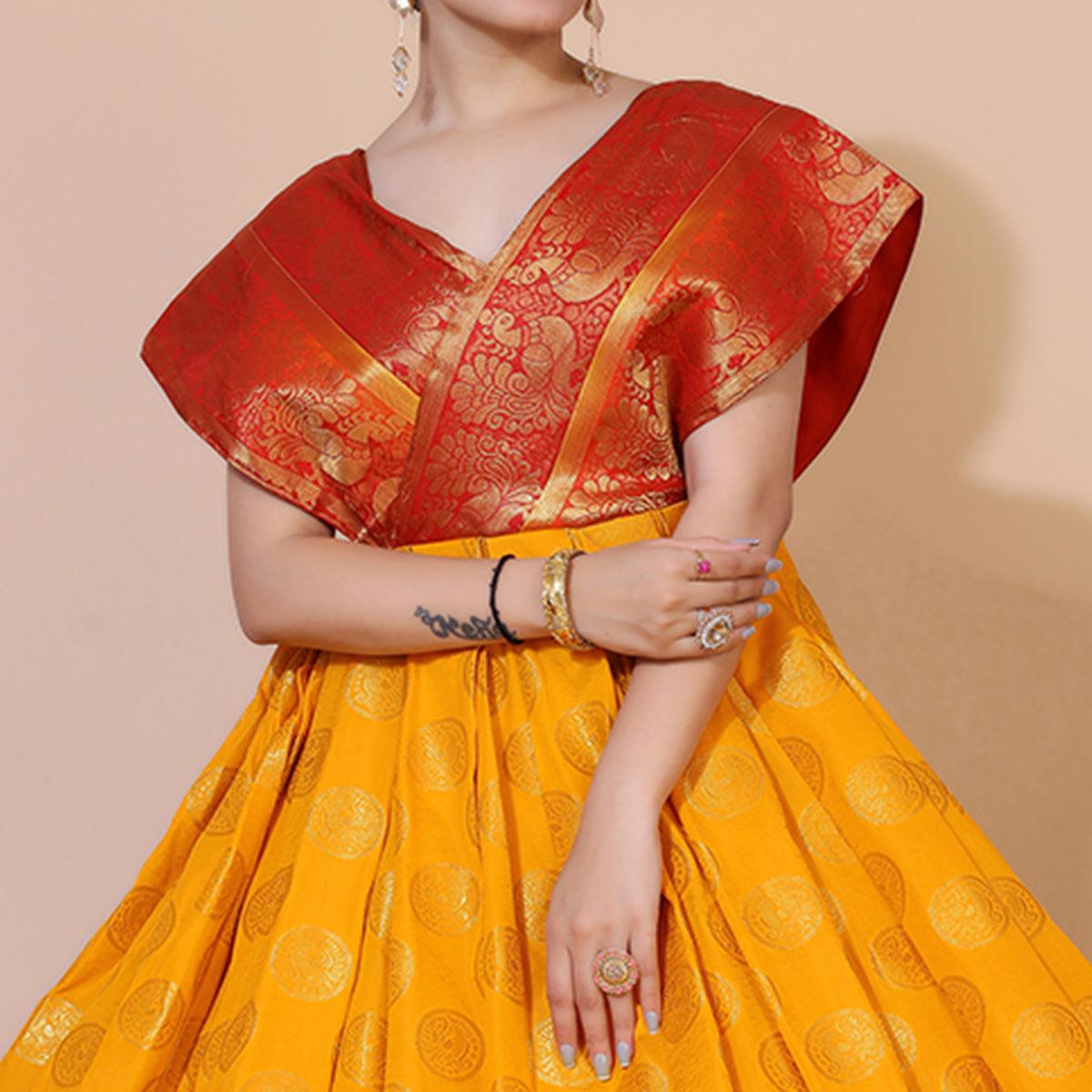 Yellow Woven Jacquard Anarkali Style Gown - Peachmode