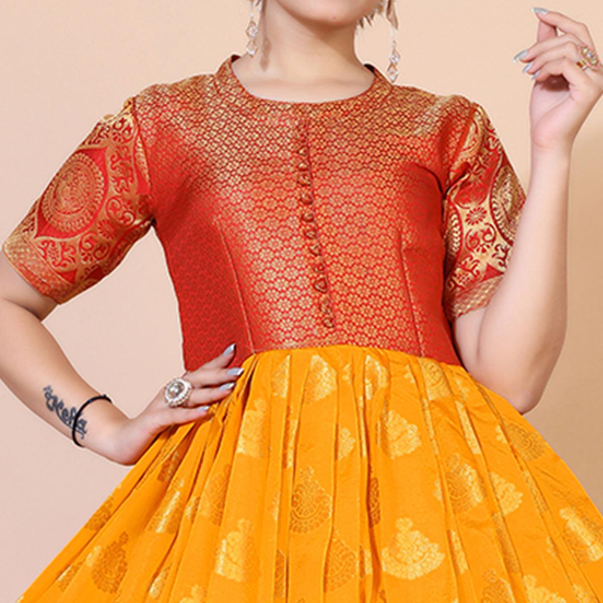 Yellow Woven Jacquard Anarkali Style Gown - Peachmode