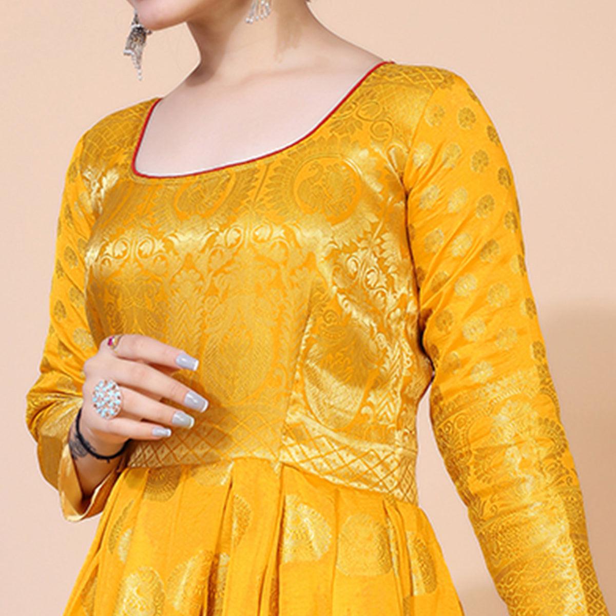 Yellow Woven Jacquard Anarkali Style Gown - Peachmode