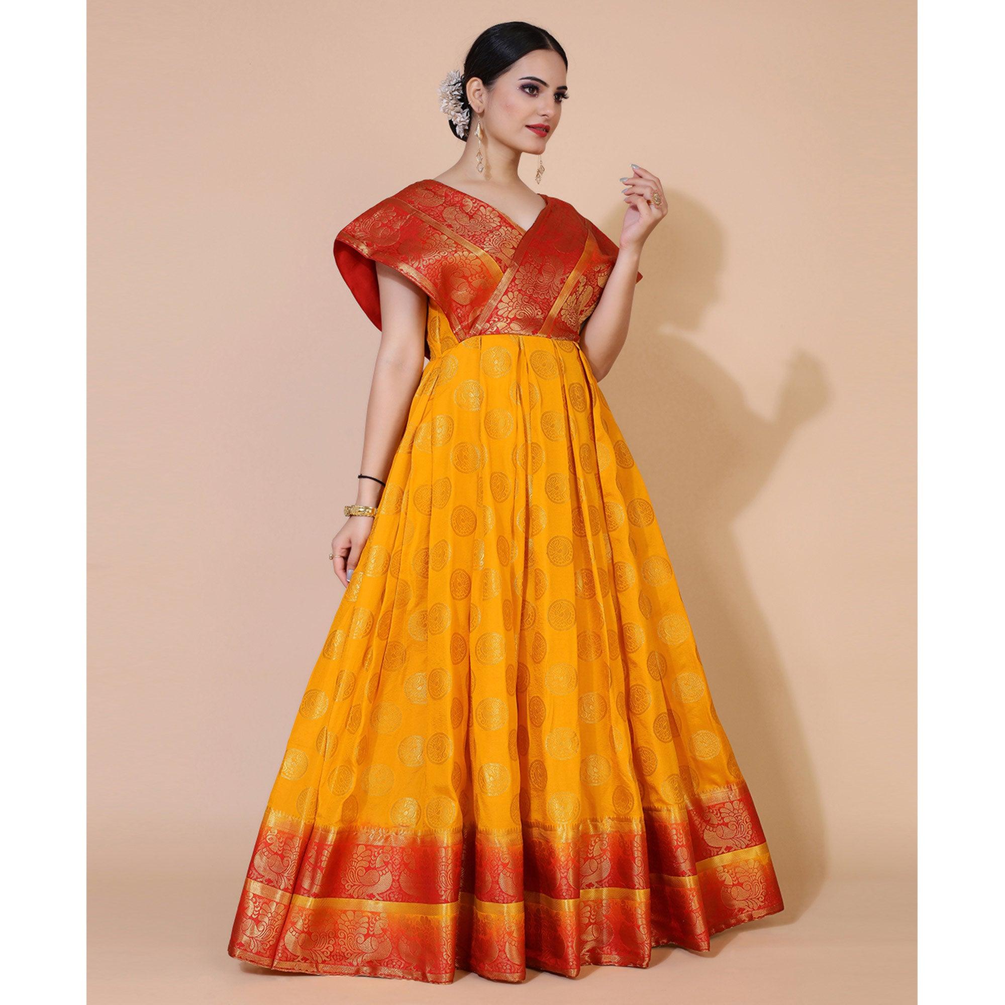 Yellow Woven Jacquard Anarkali Style Gown - Peachmode