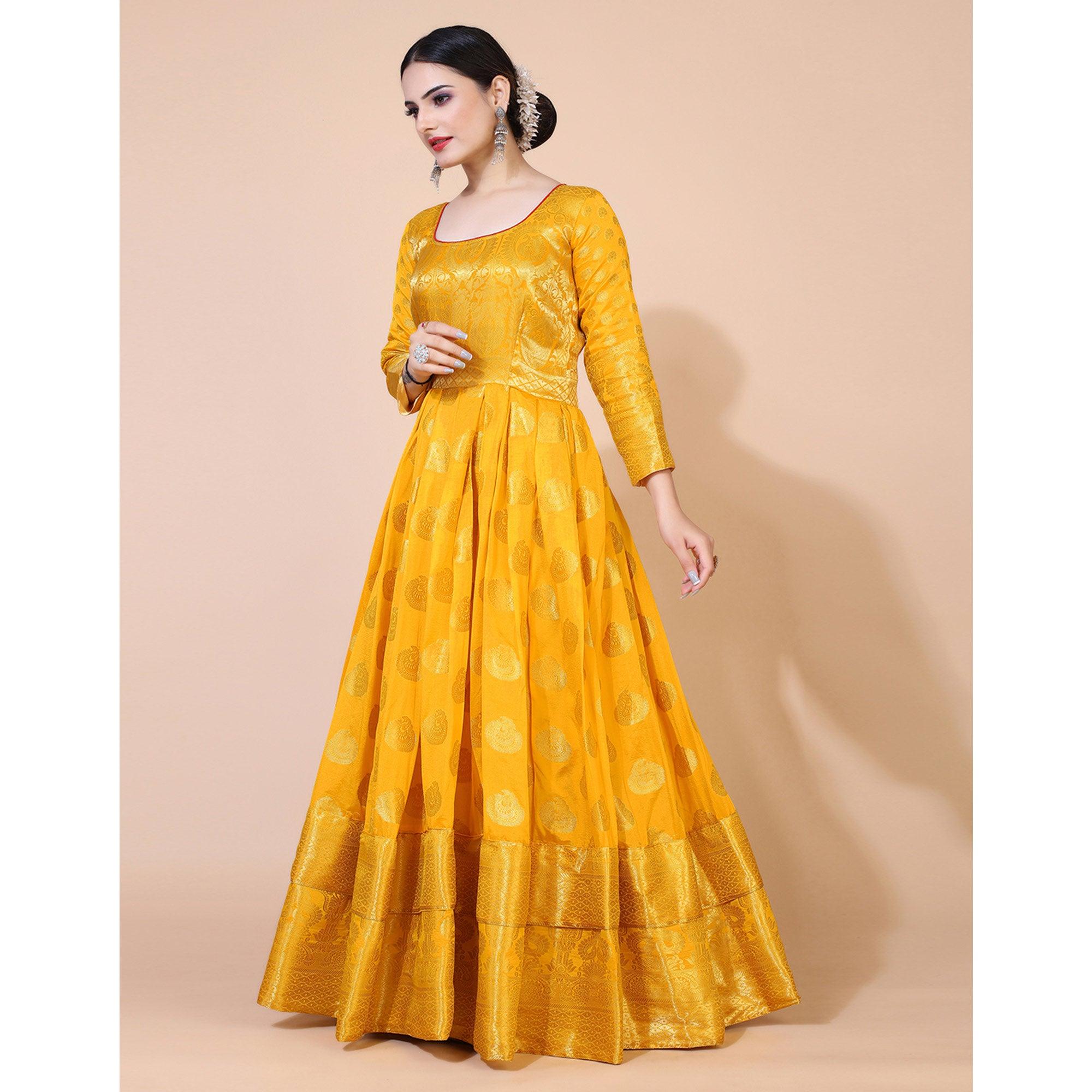 Yellow Woven Jacquard Anarkali Style Gown - Peachmode