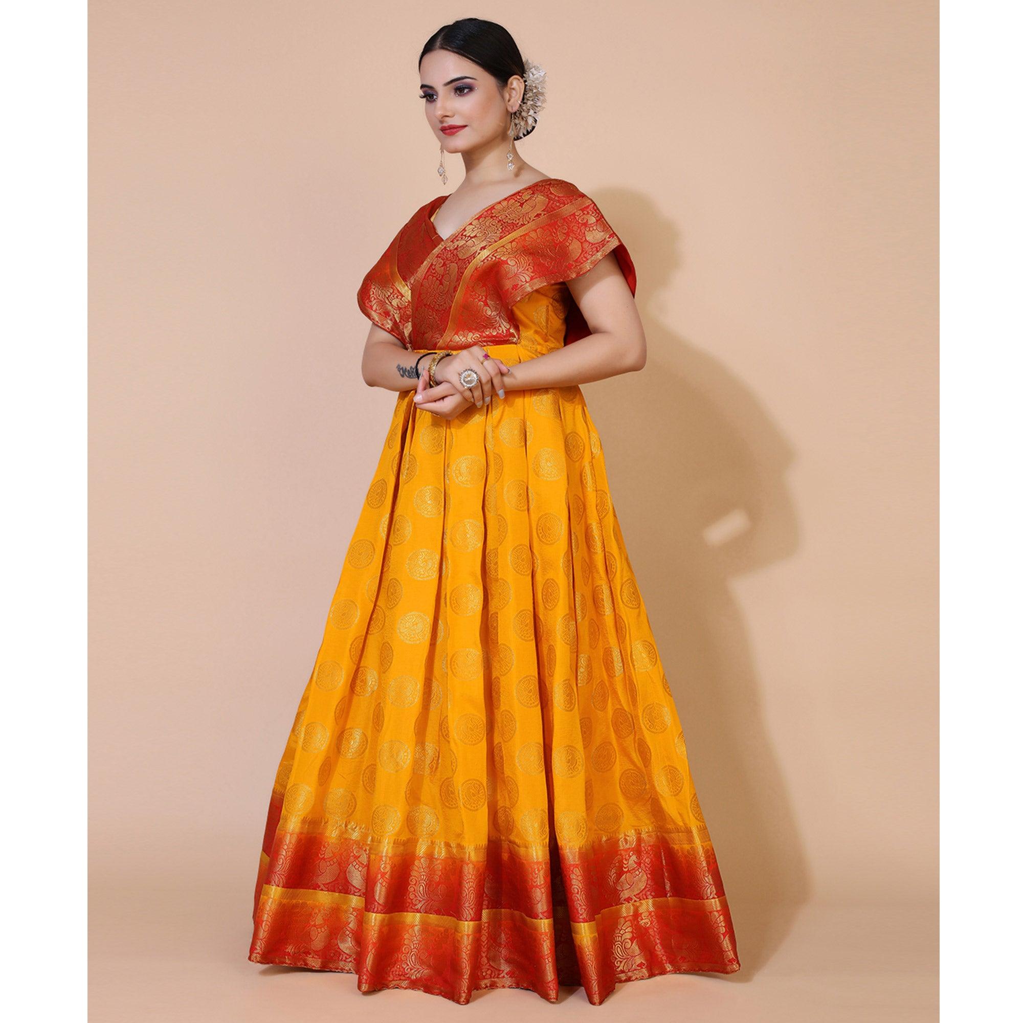 Yellow Woven Jacquard Anarkali Style Gown - Peachmode