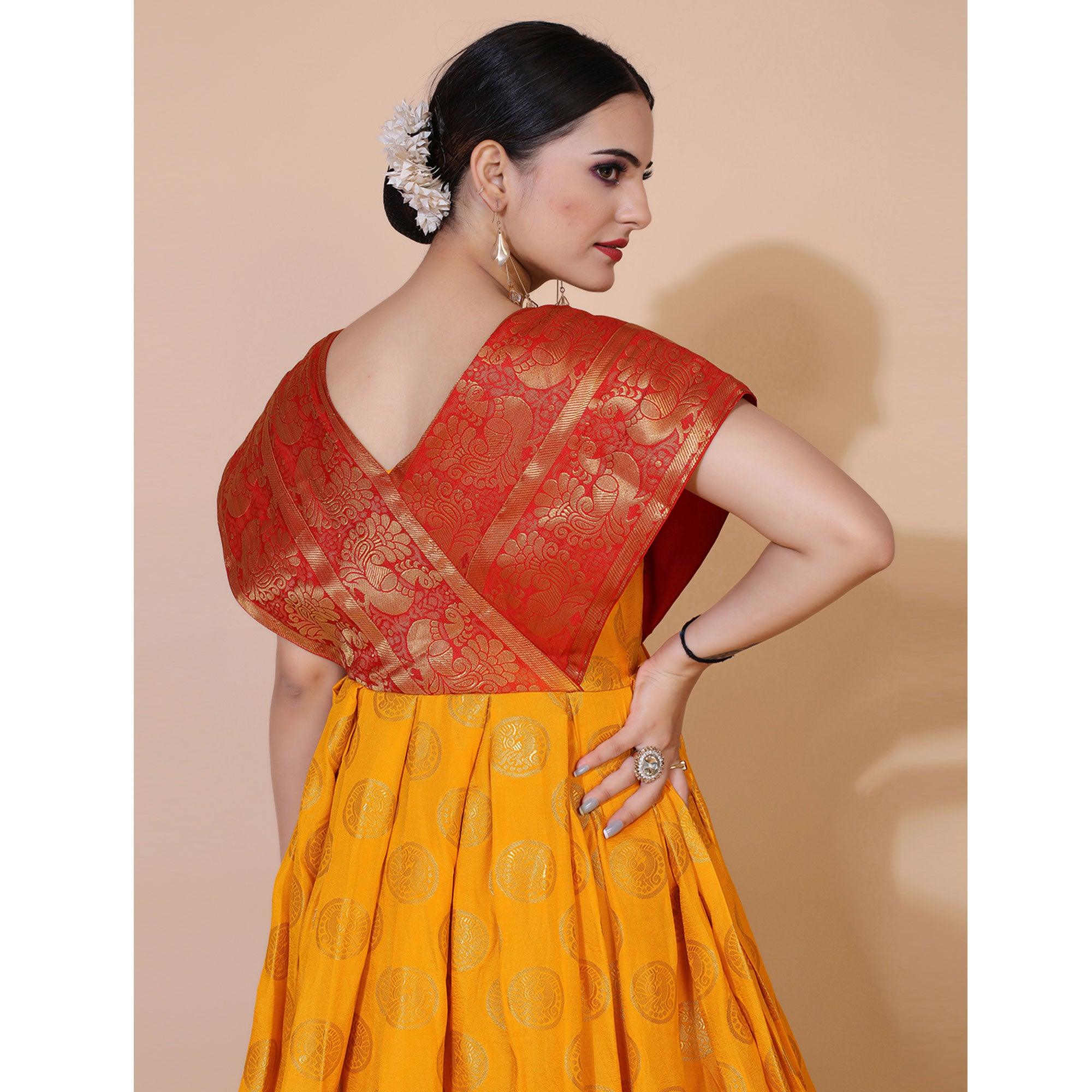 Yellow Woven Jacquard Anarkali Style Gown - Peachmode