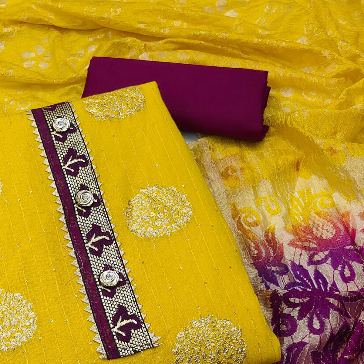 Yellow Woven Jacquard Dress Material - Peachmode
