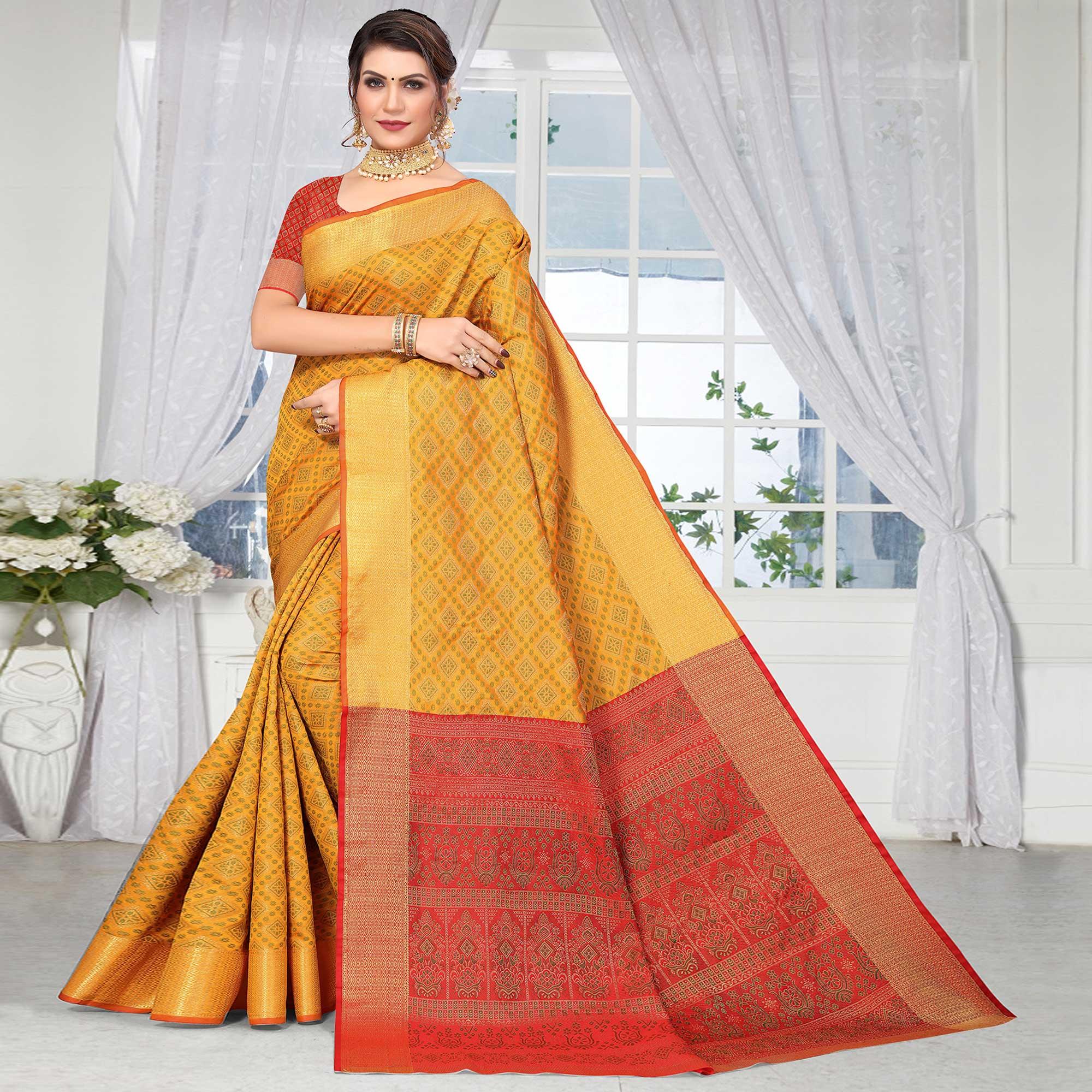 Yellow Woven Jacquard Saree - Peachmode