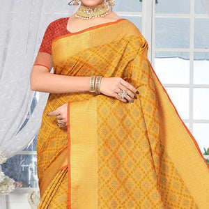 Yellow Woven Jacquard Saree - Peachmode