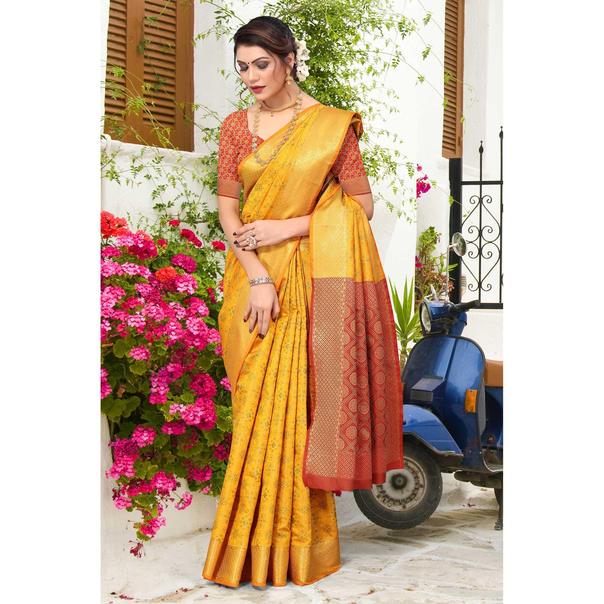 Yellow Woven Jacquard Saree - Peachmode