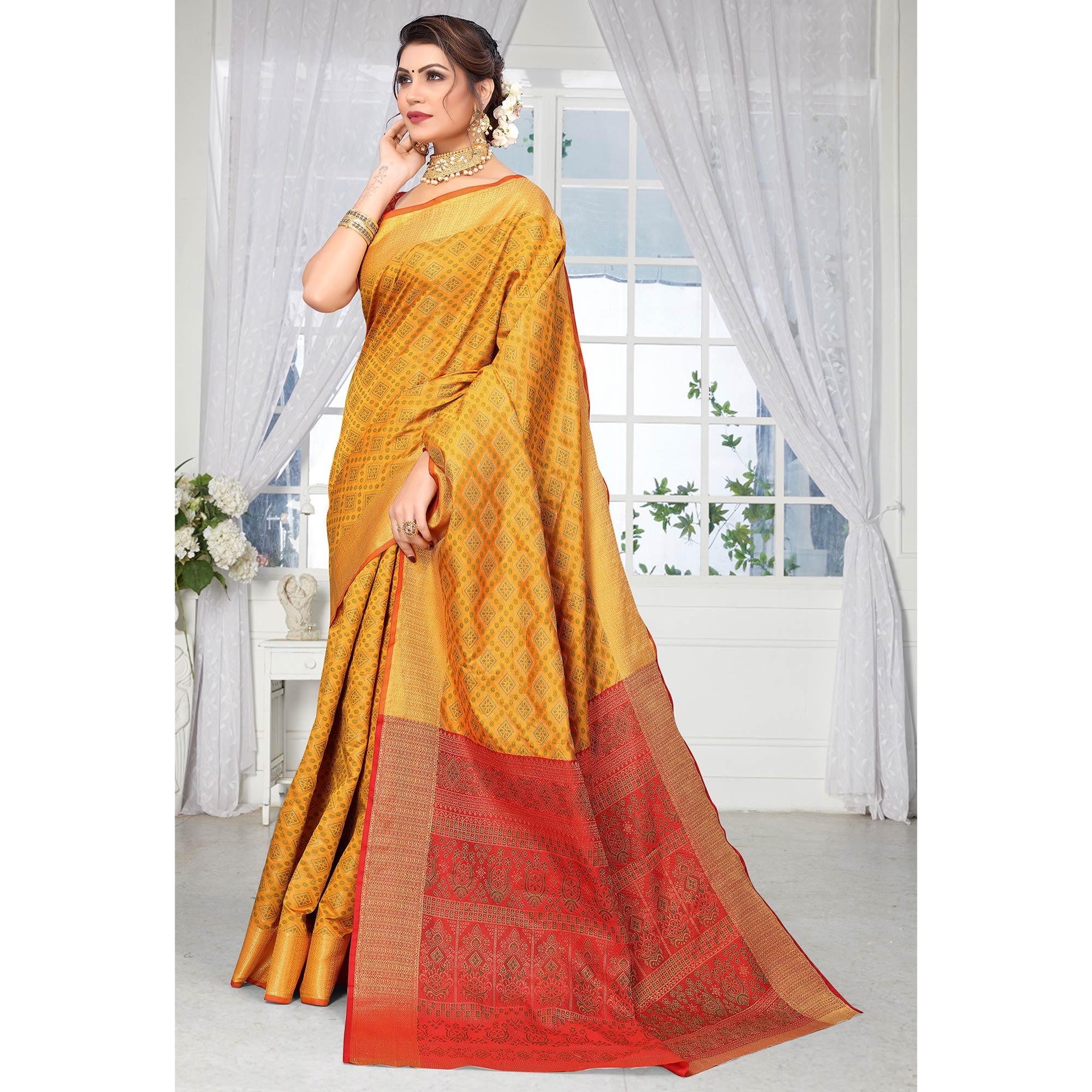 Yellow Woven Jacquard Saree - Peachmode