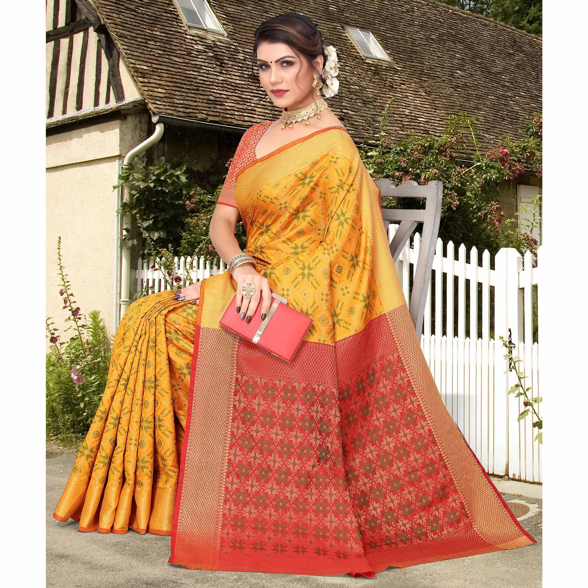 Yellow Woven Jacquard Saree - Peachmode