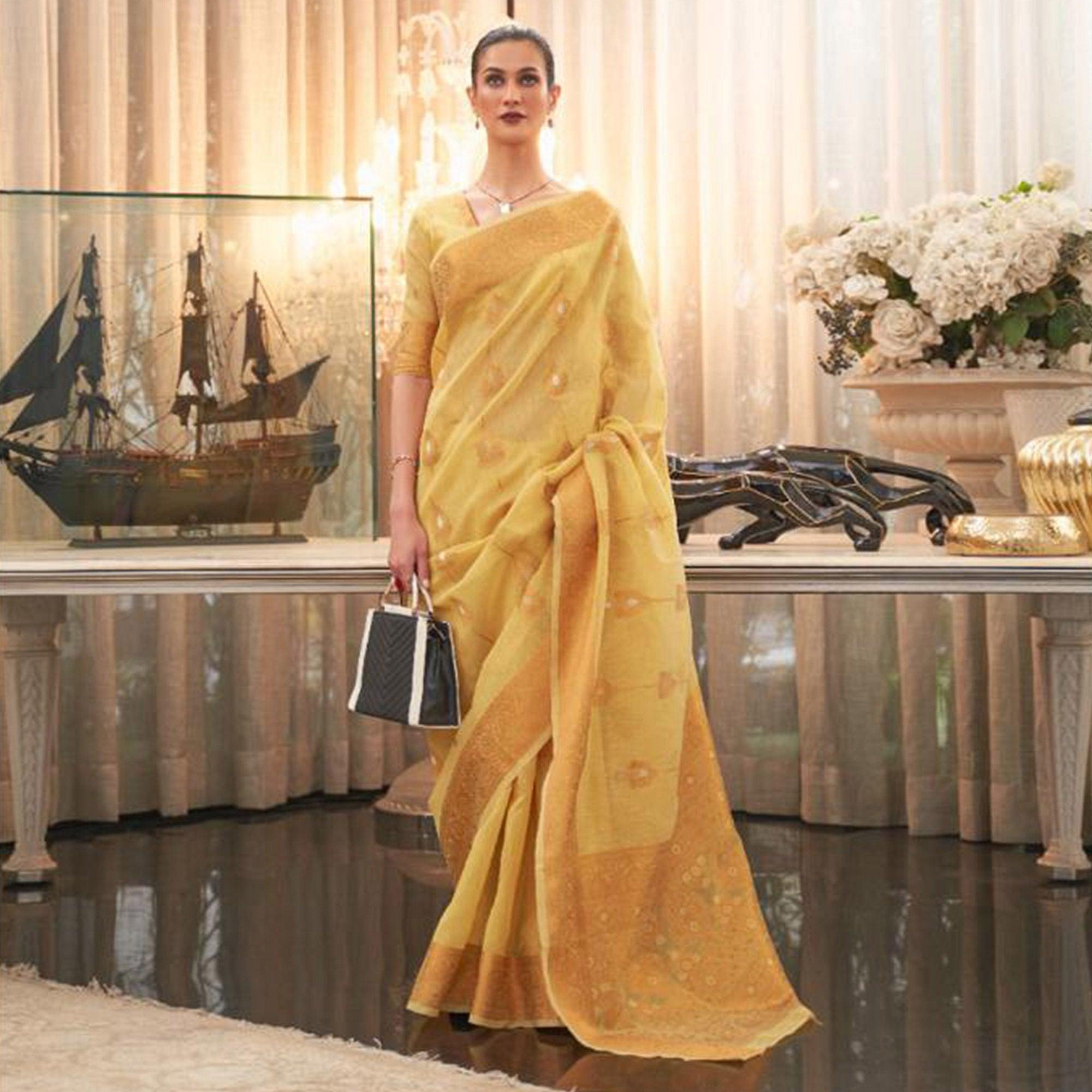 Yellow Woven Linen Saree - Peachmode