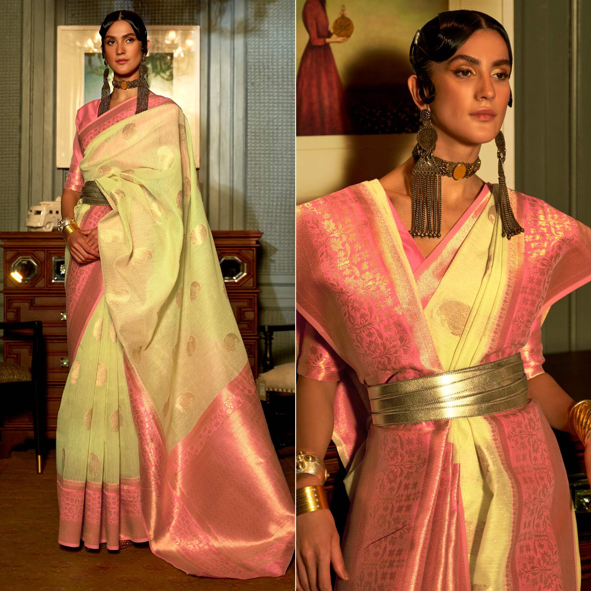 Yellow Woven Linen Saree - Peachmode