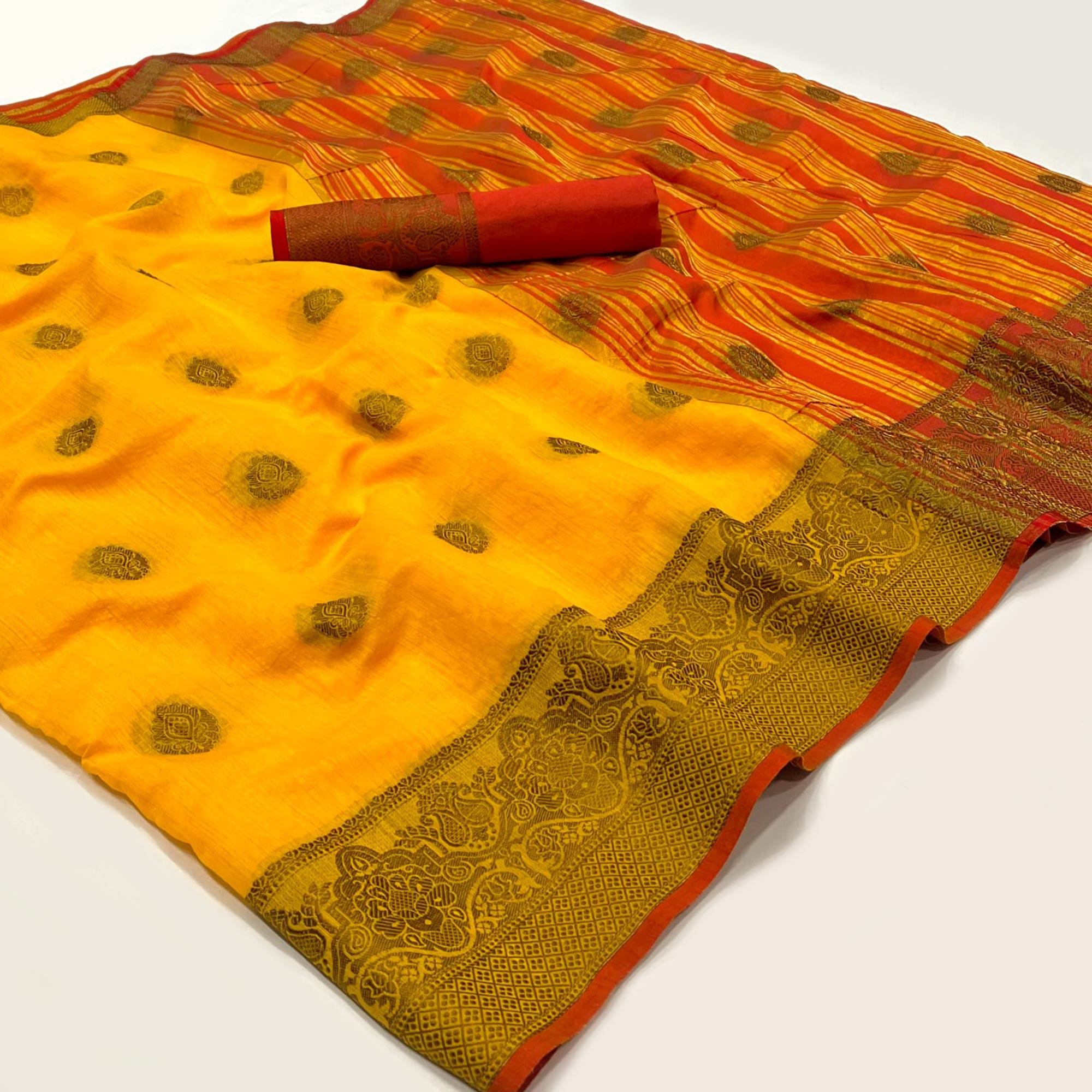 Yellow Woven Linen Saree - Peachmode