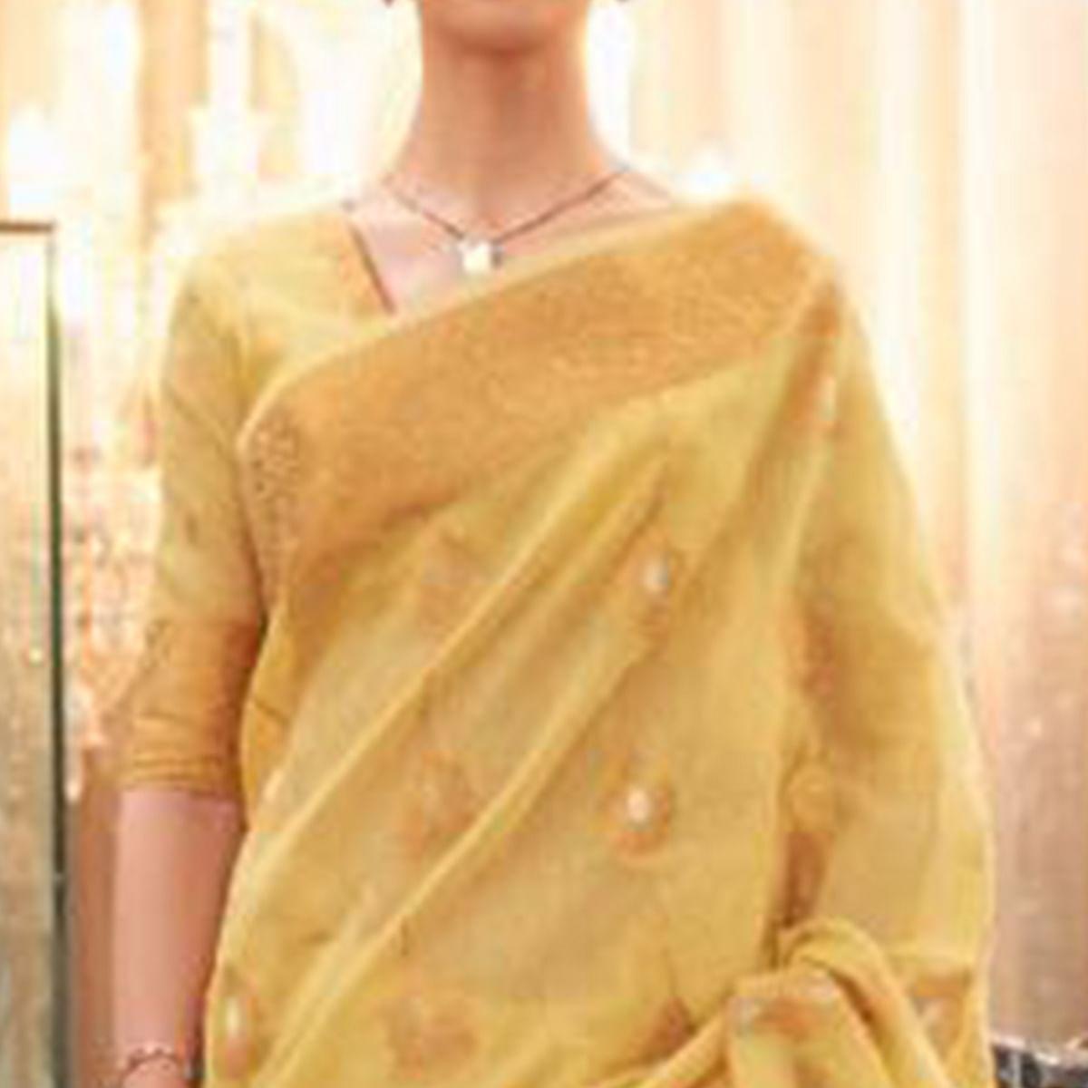 Yellow Woven Linen Saree - Peachmode