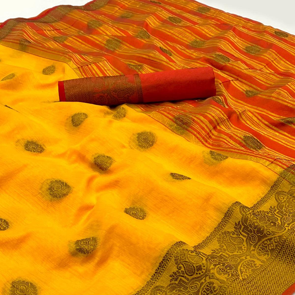 Yellow Woven Linen Saree - Peachmode
