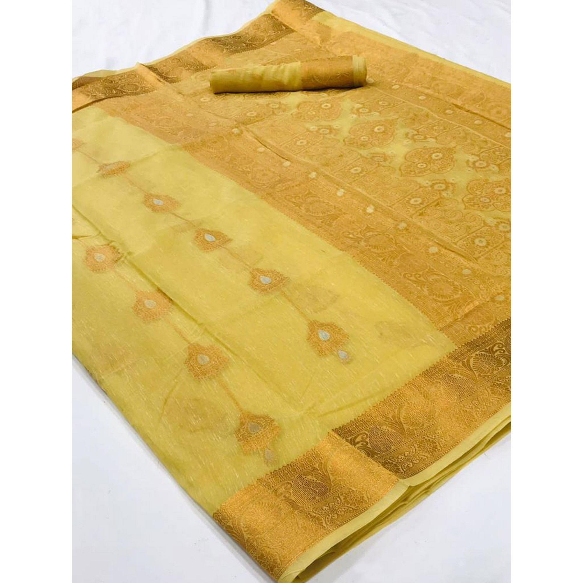 Yellow Woven Linen Saree - Peachmode