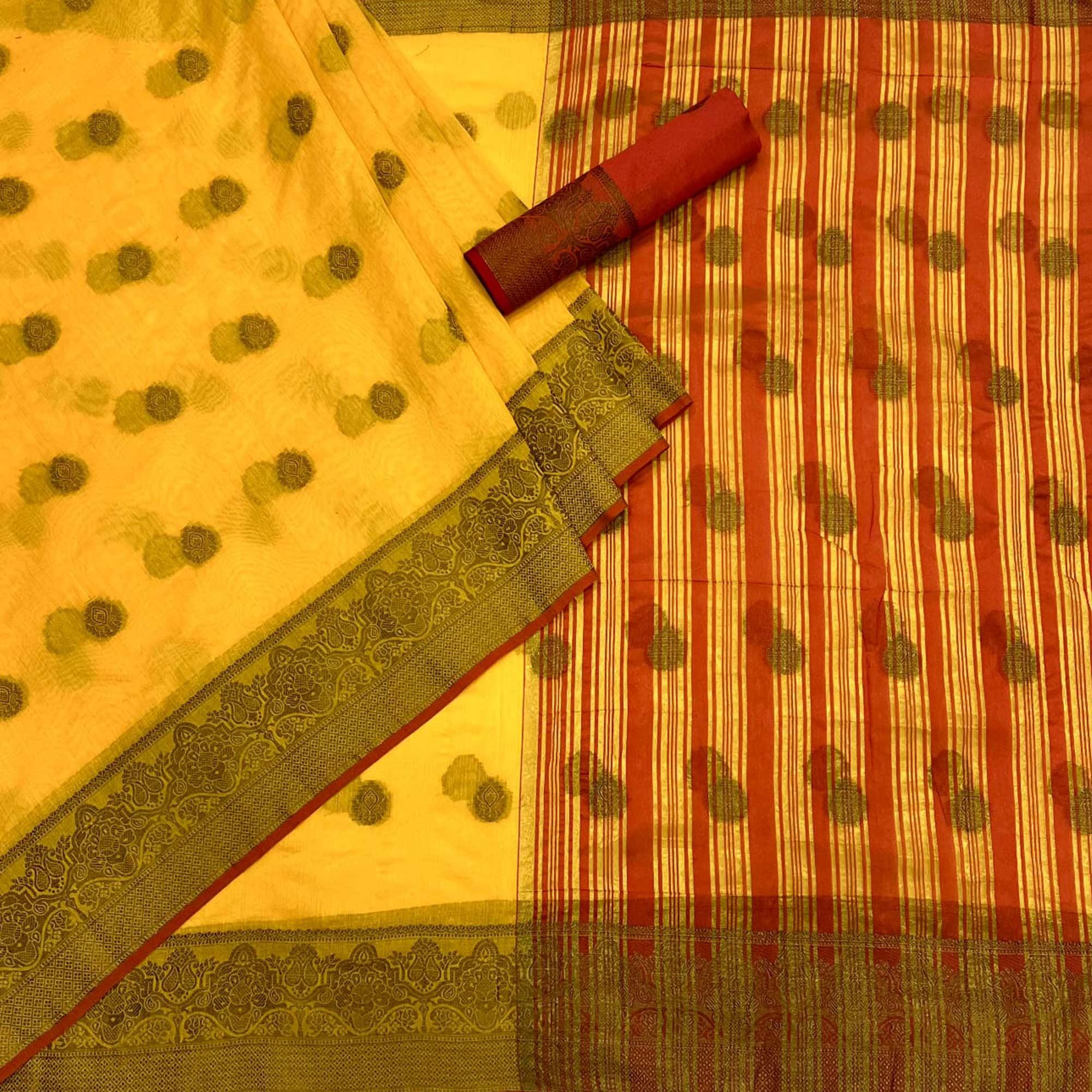 Yellow Woven Linen Saree - Peachmode