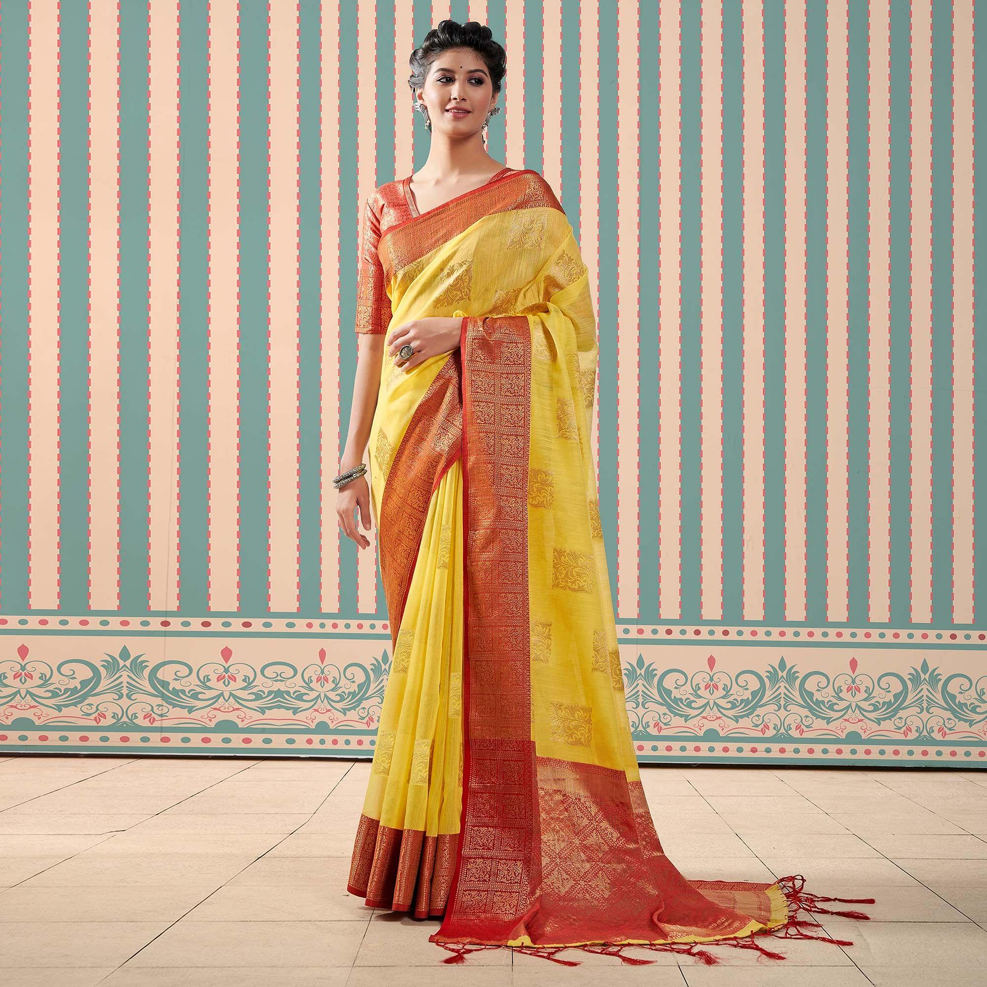 Yellow Woven Linen Saree With Tassels - Peachmode