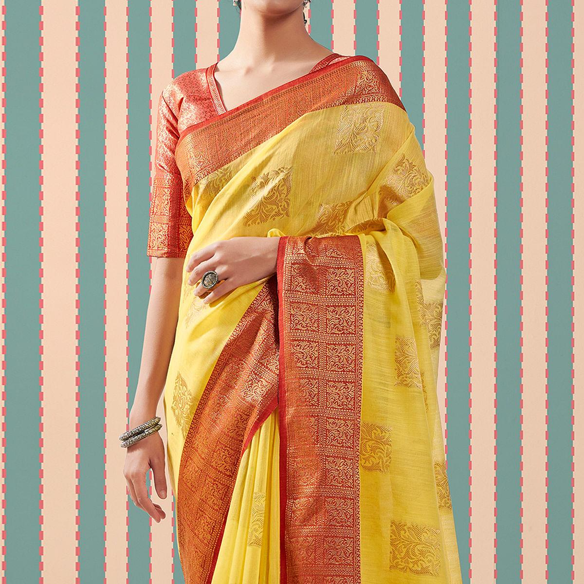 Yellow Woven Linen Saree With Tassels - Peachmode