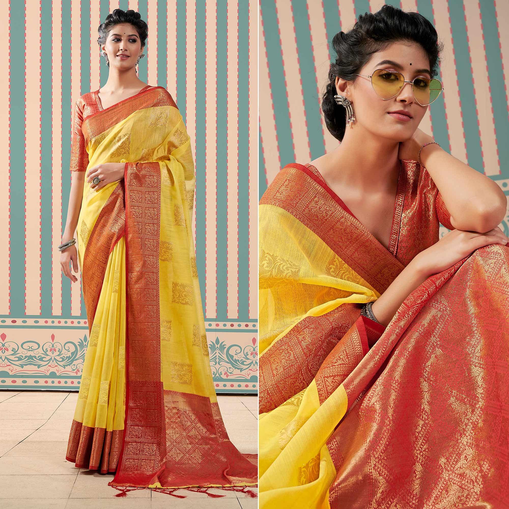 Yellow Woven Linen Saree With Tassels - Peachmode