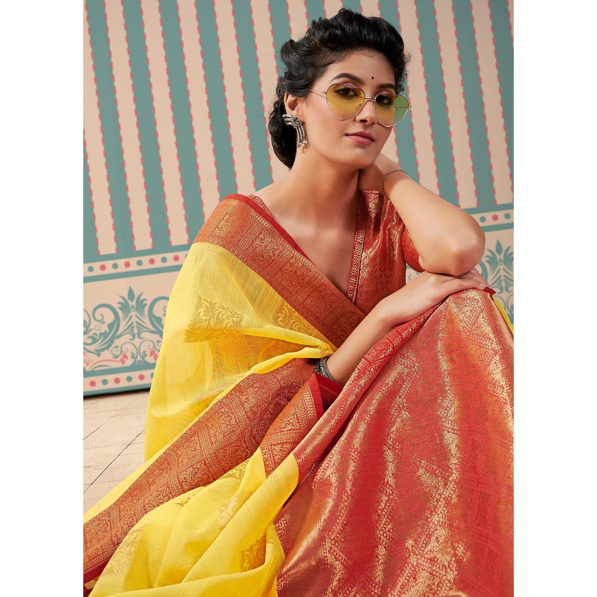 Yellow Woven Linen Saree With Tassels - Peachmode