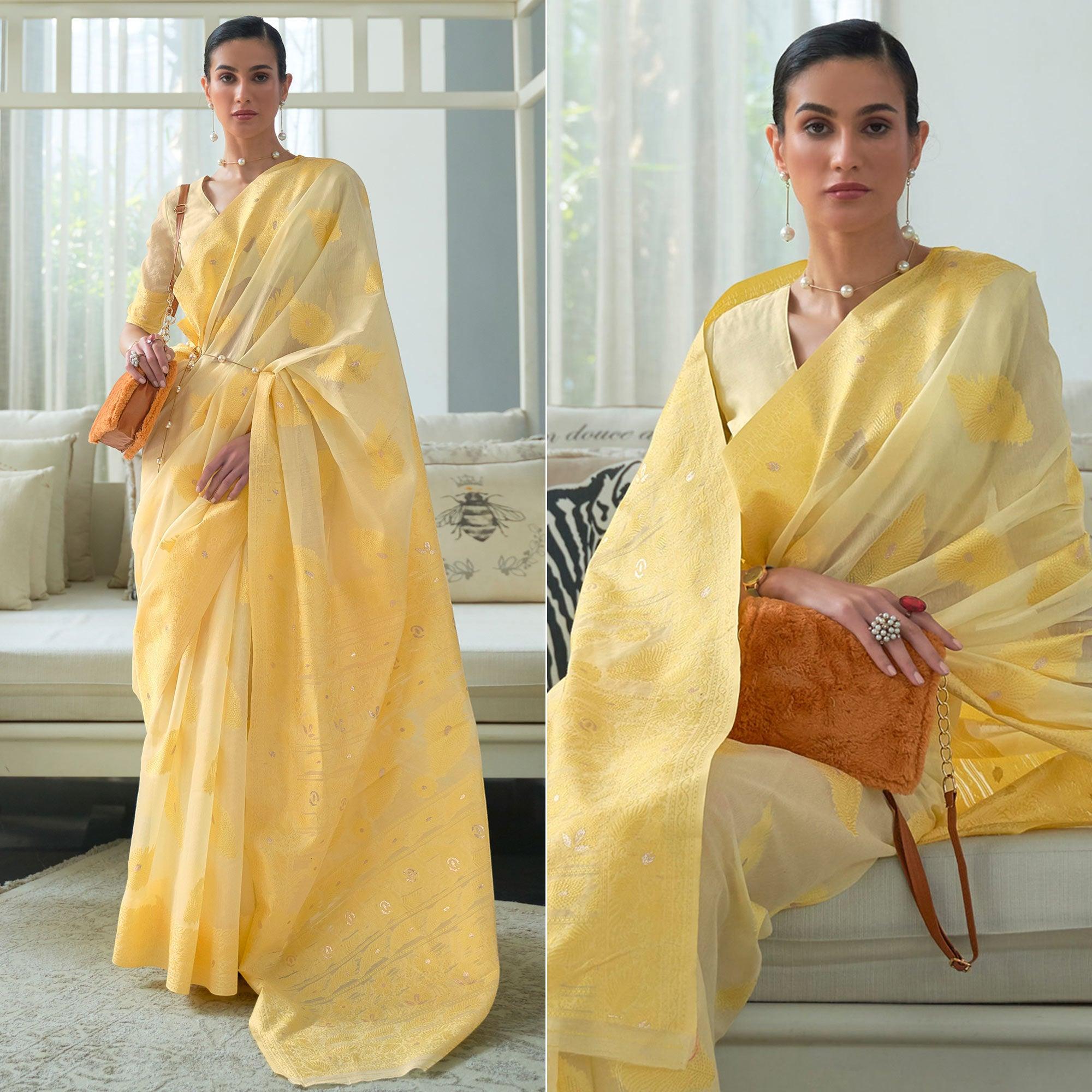 Yellow Woven Lucknowi Chickankari Modal Saree - Peachmode