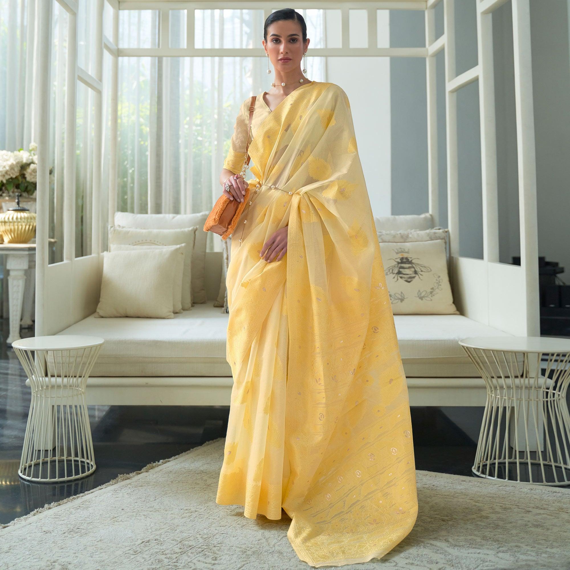 Yellow Woven Lucknowi Chickankari Modal Saree - Peachmode