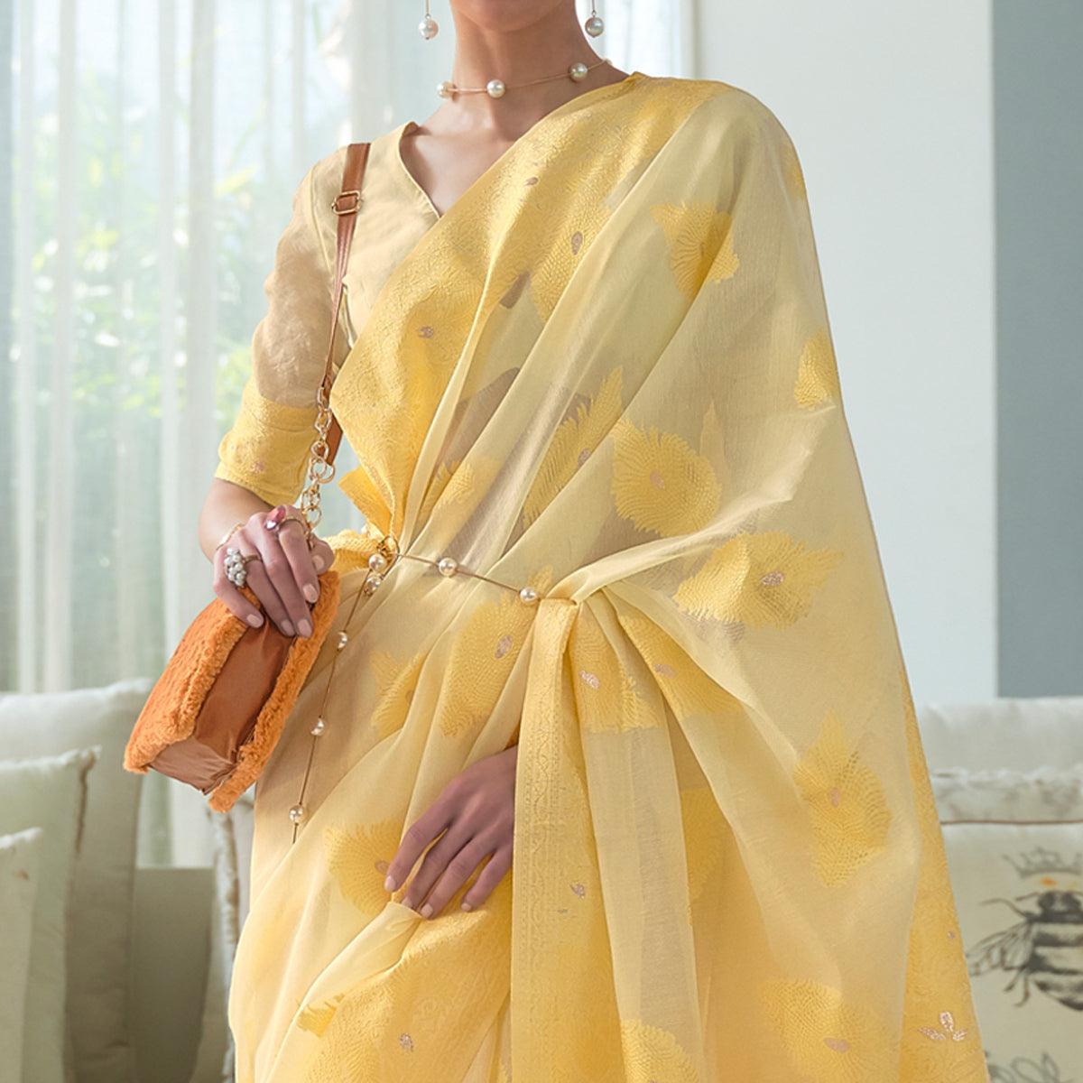 Yellow Woven Lucknowi Chickankari Modal Saree - Peachmode