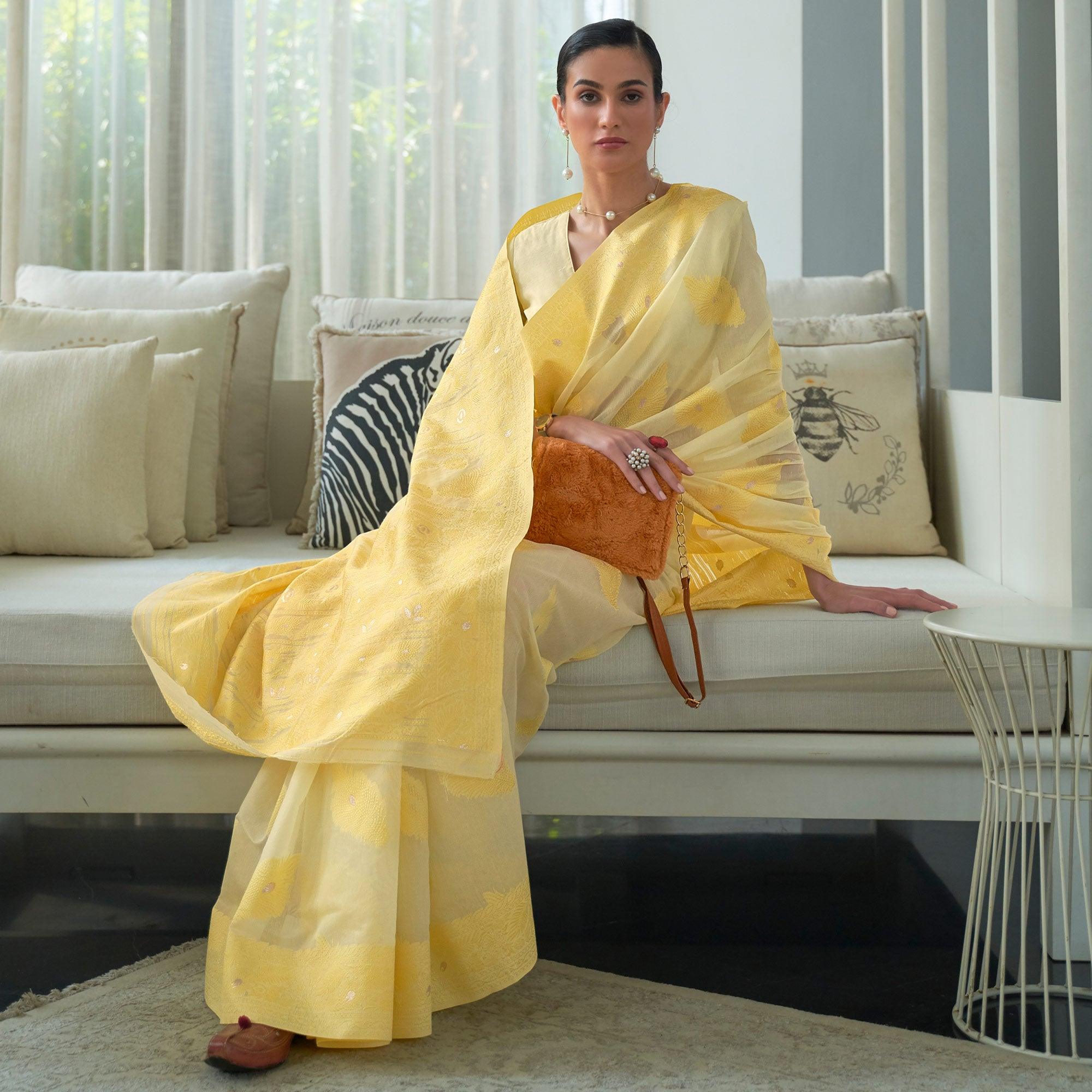 Yellow Woven Lucknowi Chickankari Modal Saree - Peachmode